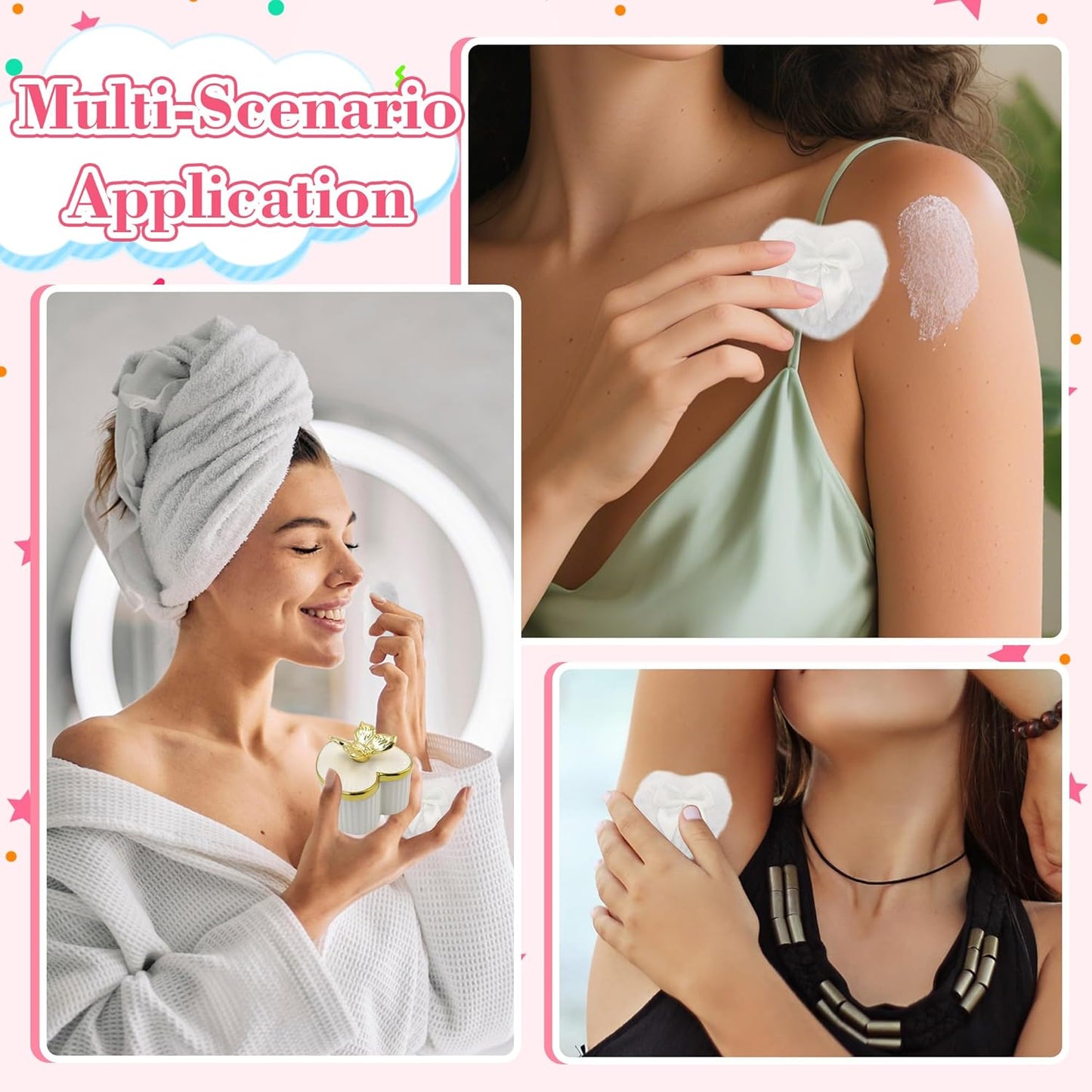 Large Body Powder Puff and Container, Ceramics Dusting Powder Container with 2 PCS Washable Heart Shaped Body Puff, Butterfly Dusting Case for Wet and Dry Makeup (White)