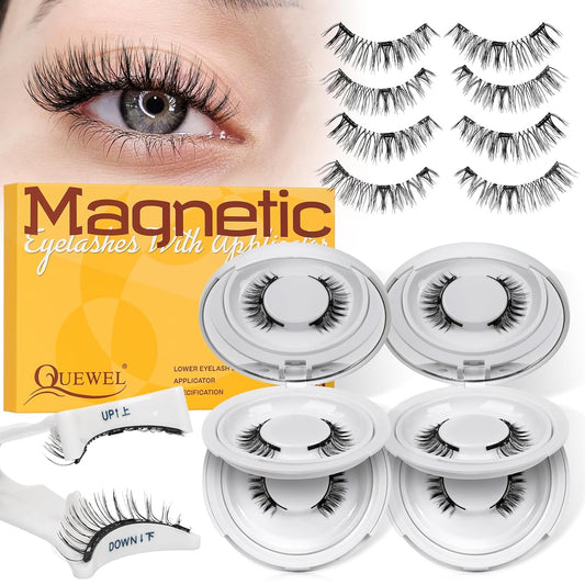 QUEWEL 4 Pairs Magnetic Eyelashes Natural Look, Reusable Magnetic Eyelashes with Applicator, No Glue Needed Lash Clusters Kit, Easy to Wear and Remove(4 Pairs-D)