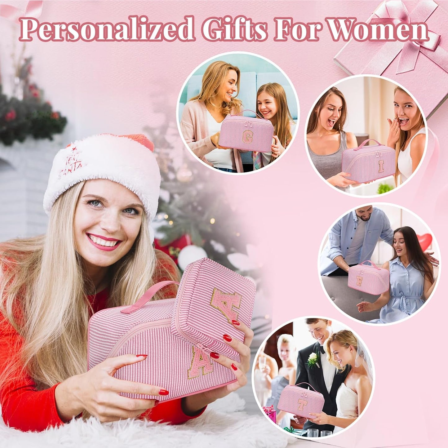 Travel Makeup Bag for Women, 2Pcs Portable Personalized Initial Makeup Organizer Bag, Open Flat Large Cosmetic Bag With Travel Essential Pouch (Pink Letter S)