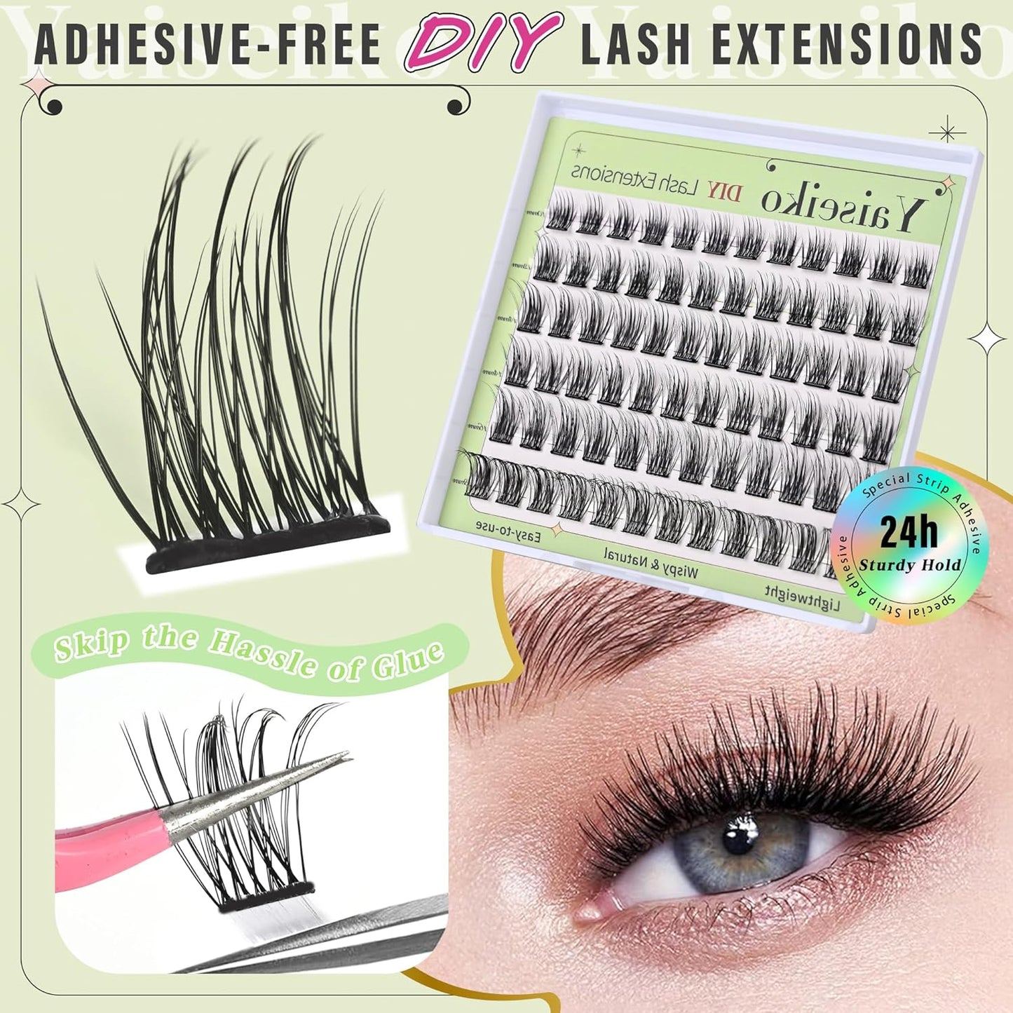 Self Adhesive Eyelash Clusters Press On Lashes, Self Adhesive Eyelashes No Glue Needed Lash Extension Reusable Wispy DIY Eyelash Extensions D curl Pre Glued Cluster Lashes 10-18mm(Y02 72Pcs)