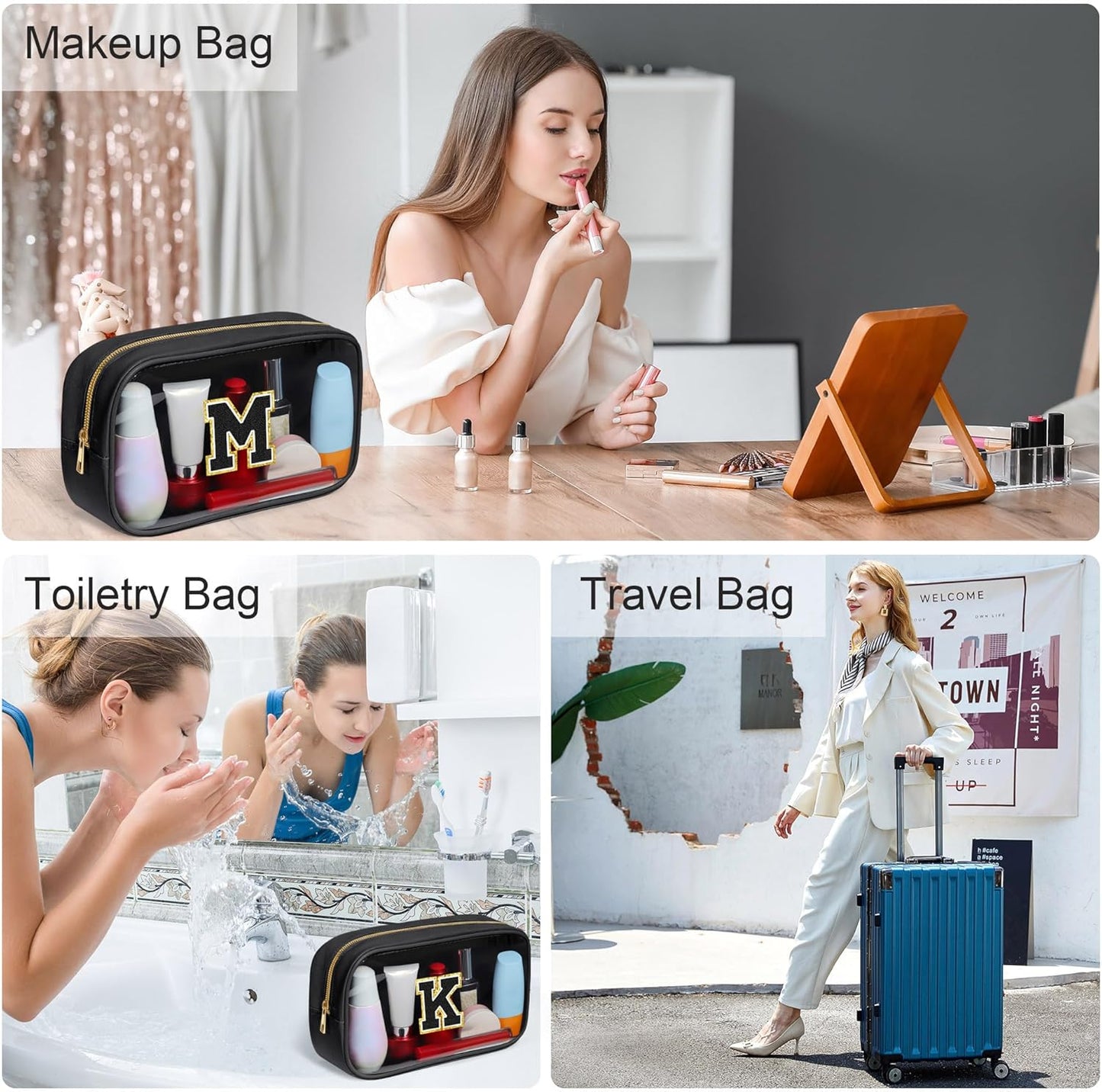 YOOLIFE Travel Makeup Bag Toiletry Bag for Women, Clear Make up Bag PVC Cosmetic Bag Black Travel Accessories Makeup Pouch Birthday Gifts for Women Teacher Mother Wife Girlfriend Gifts Letter Z