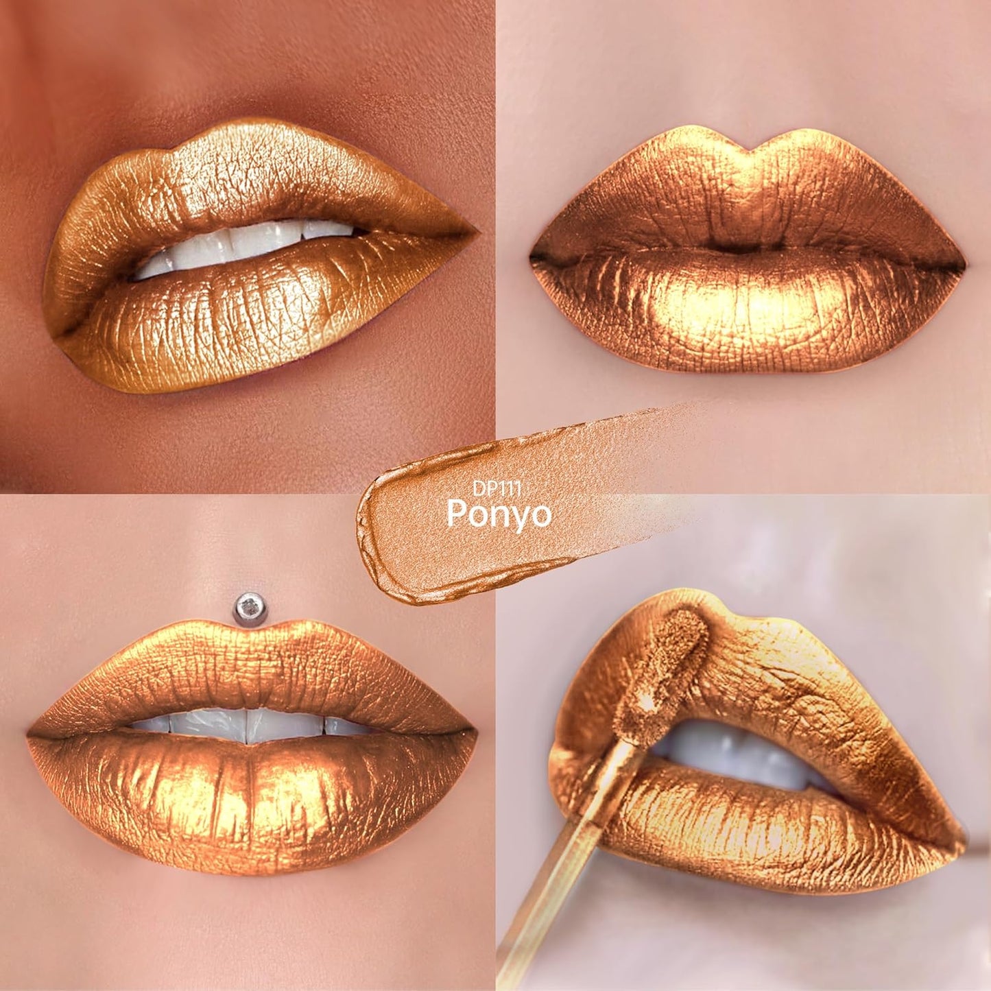 Gold Lipsticks for Women Metallic Lipstick Long Lasting Non Stick Cup Lip Gloss, Shimmer Lightweight Hydrating Full Coverage Lip Color,DP111 Ponyo
