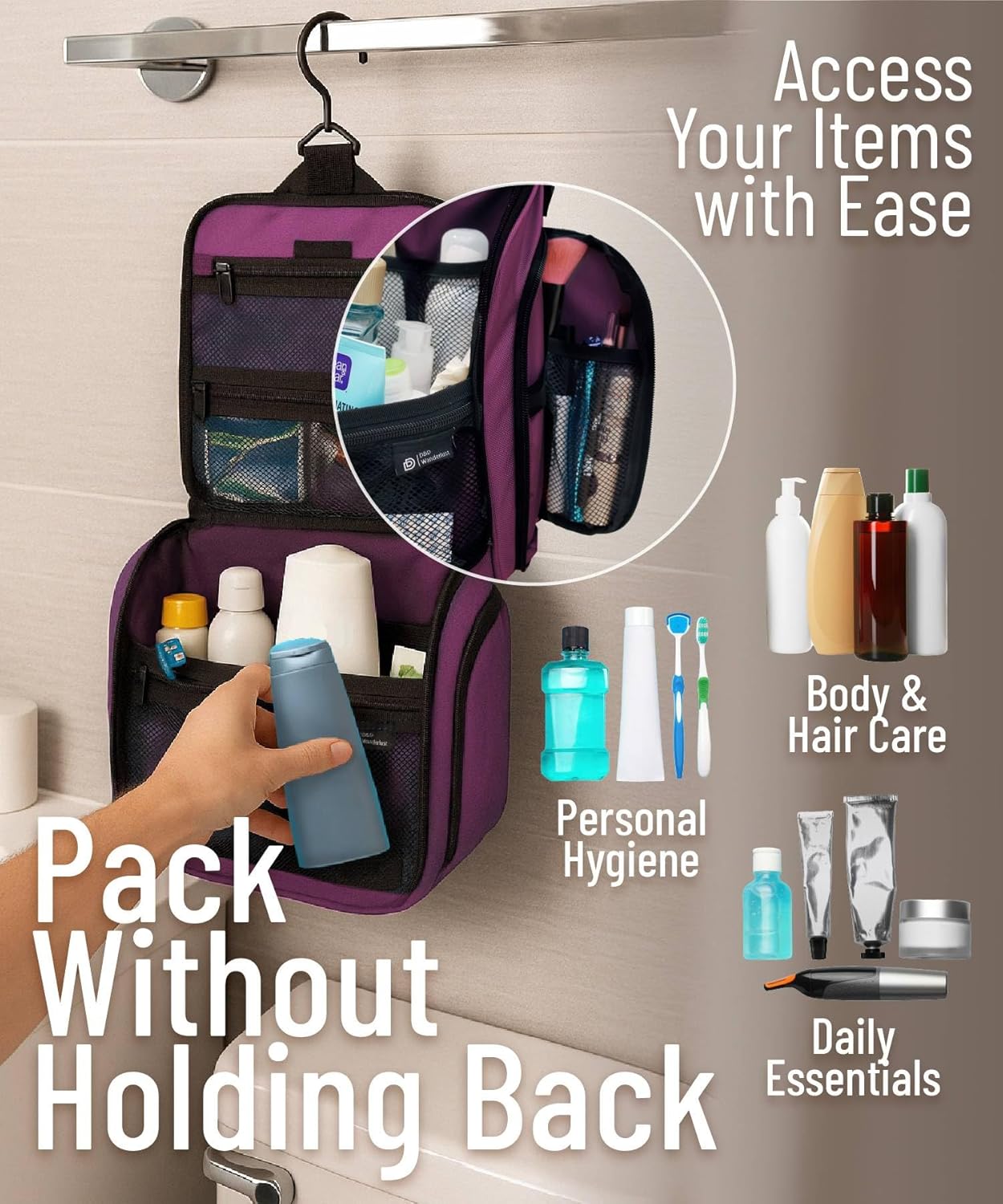 D&D Hanging Travel Toiletry Bag for Men and Women – Large Cosmetics, Makeup and Toiletries Organizer Kit with 10 Compartments, YKK Zippers, XXL Metal Swivel Hook, Water-Resistant Nylon