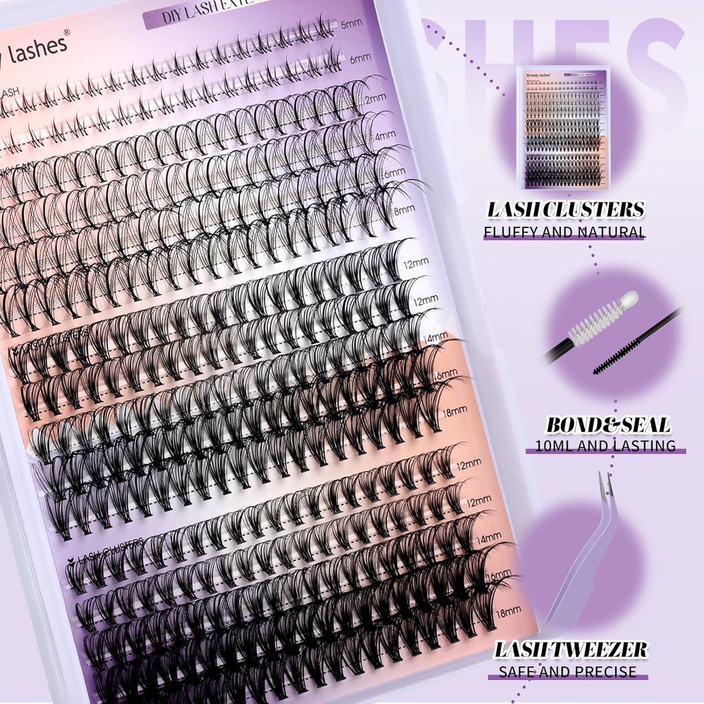 DIY Lash Extension Kit Lash Clusters With Bottom Lashes 20/30/40/50D 12-18mm Multi-types Individual Lashes Bond and Seal, Spike, Volume Lashes Kit Lash Applicator(20/30 Kit)