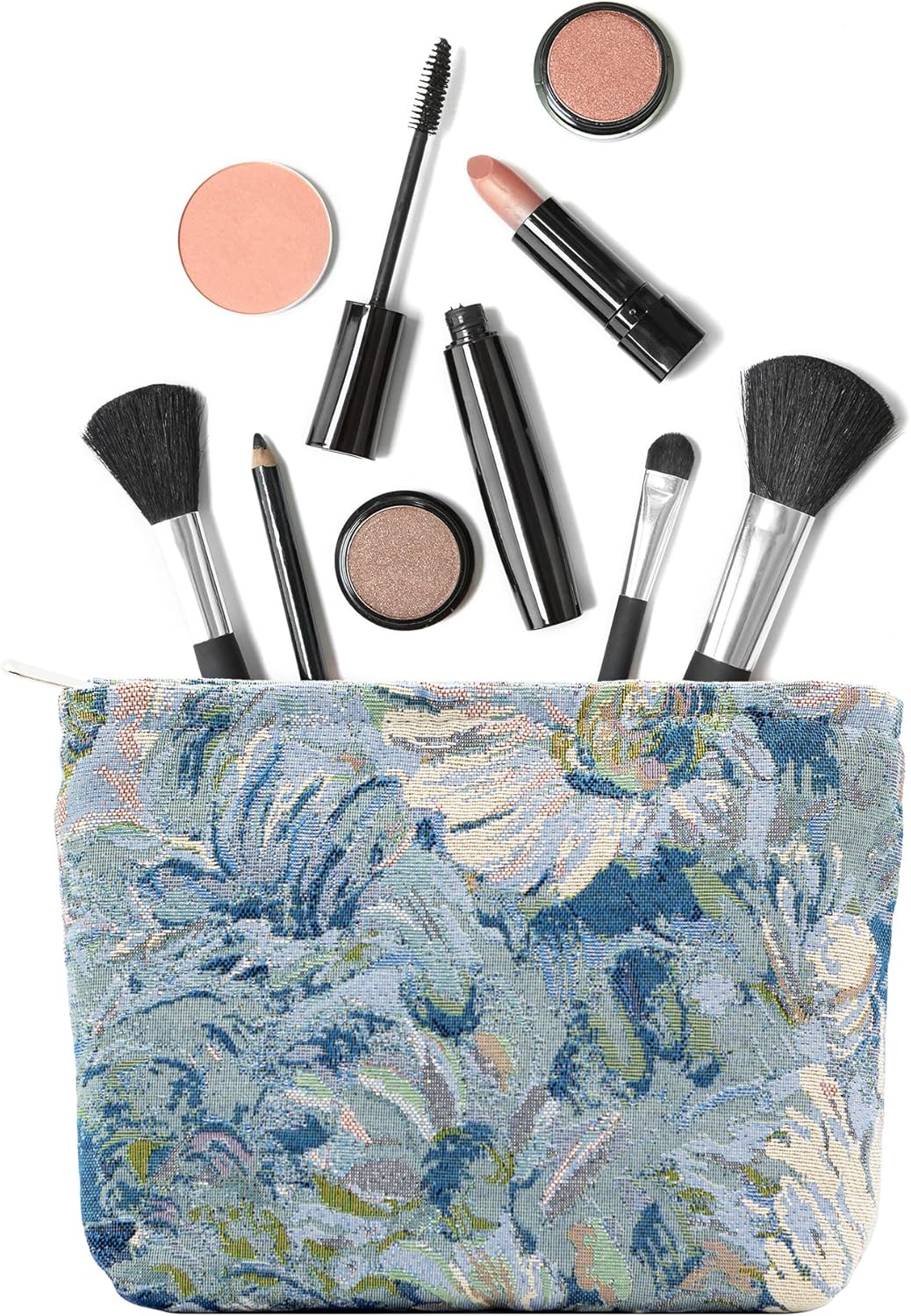 Makeup Bags for Purse Zipper Cosmetic Pouch Large Travel Canvas Make Up Organizer Tool Pouch for Women and Girls,Flower Blue