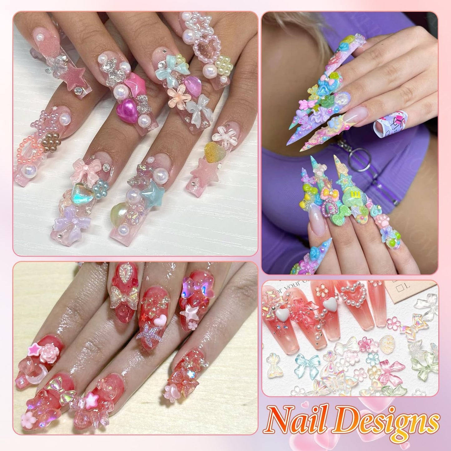 3D Nail Charms and Gems Mix Styles Butterfly Flower Bow Heart Colorful Assorted Nail Art Charm for Acrylic Nails Design, Pearls Nails Charms with Rhinestones Tiny Beads with Tweezers