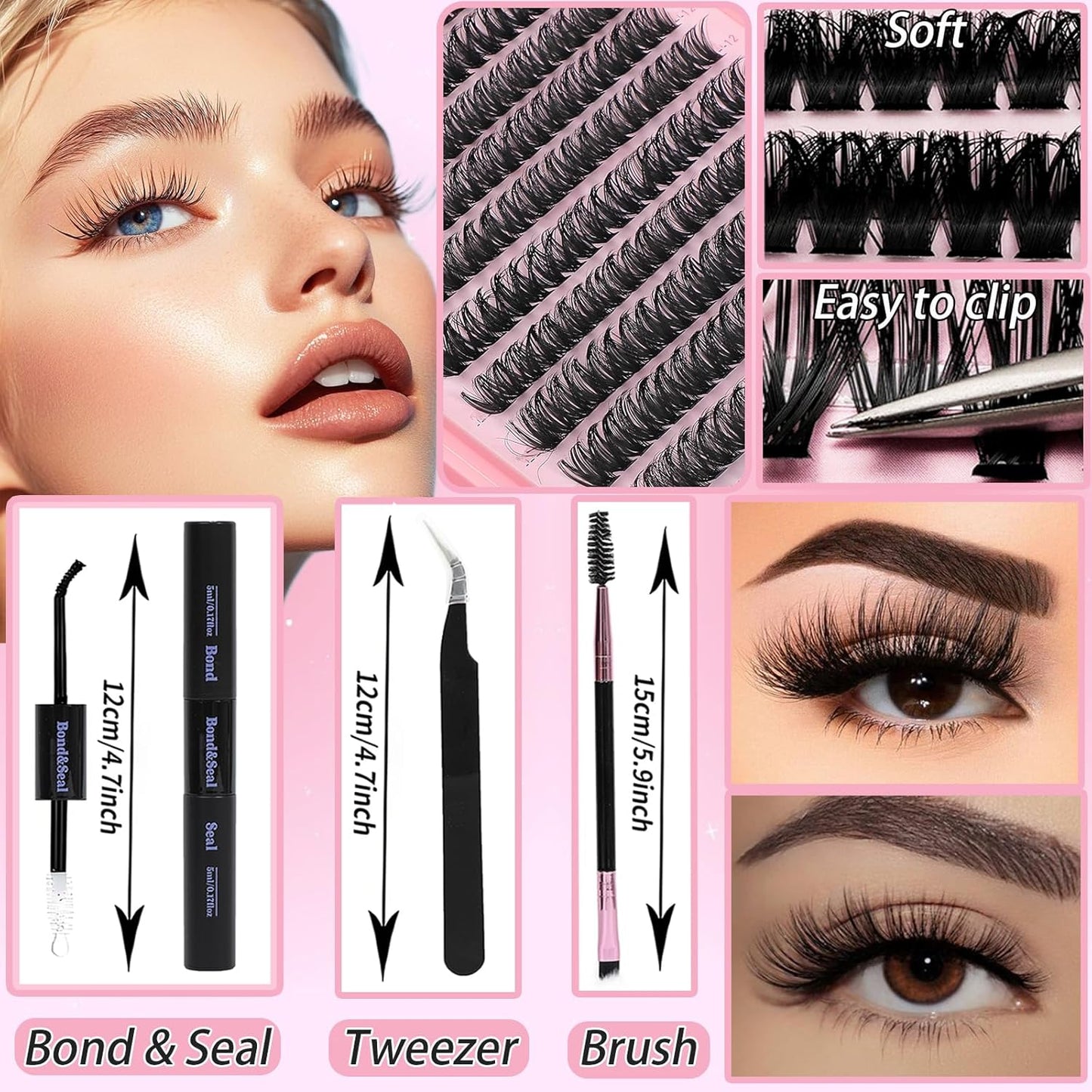 Lash Clusters Kit: Eyelash Clusters Individual Lash Extension Kit 480 Pcs D Curl Fluffy Wispy False Eyelashes Extensions Thin Band with Bond Seal Tweezers Brush (30D+40D Kit 9-16mm)