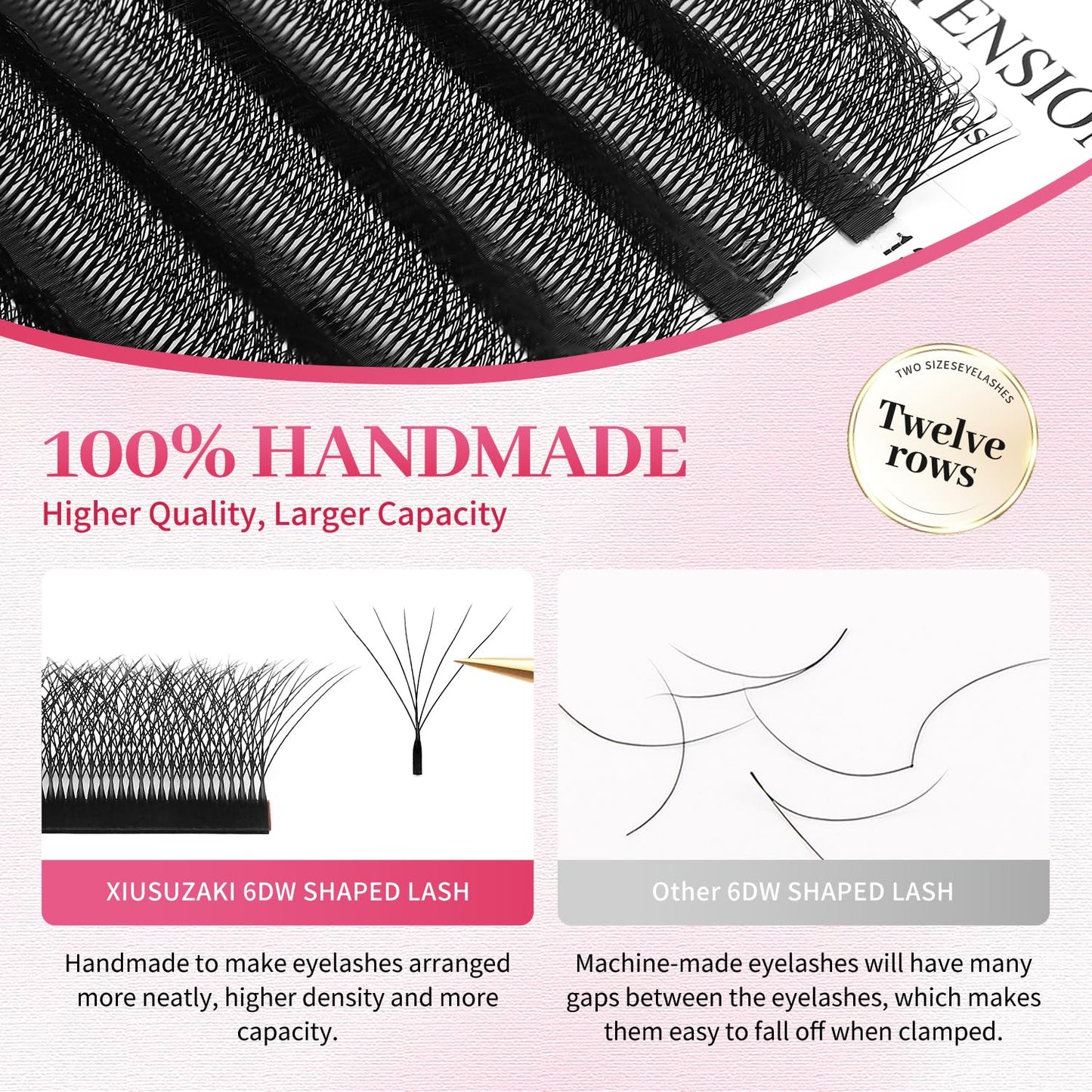 W Lash Extensions Supplies 6D Eyelash Extensions W Shape 0.07mm Thickness D Curl 14mm Premade Fans Easy Fan Lashes Volume Matte Black 12 Rows Crisscross Eye Lashes(W-6D-0.07-D,14mm)