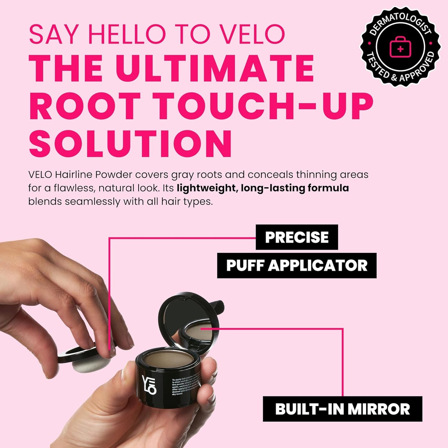 VELO Hairline Powder–LIGHT COFFEE Hair Root Touch Up Powder for Women & Men–Instantly Covers Gray Hair, Thinning Hair & Bald Spots–Sweatproof Root Cover Up–Puff & Mirror Compact, 13 Shades