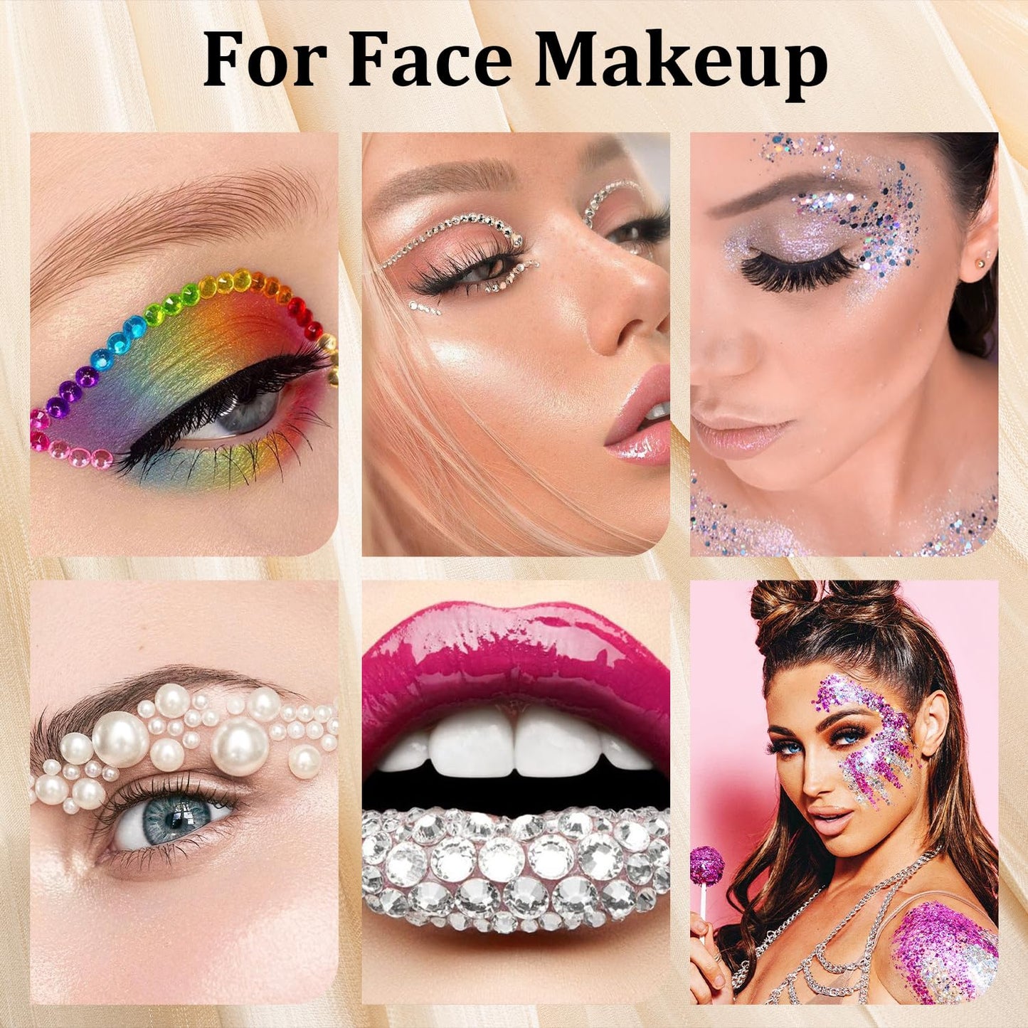 4500pcs Face Gems for Makeup with Glue, 2-5mm Round Glass Crystal AB + Clear + Mixed Color Chameleon Rhinestones & 4 Colors Cosmetic Chunky Glitter with Dotting Tools, Jewels for Make-up, Nail Art