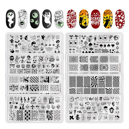 8PCS Halloween Nail Stamping Plates, Pumpkin Skull Bat Poker Image Stainless Steel Stencil, DIY Nail Art Template Tools