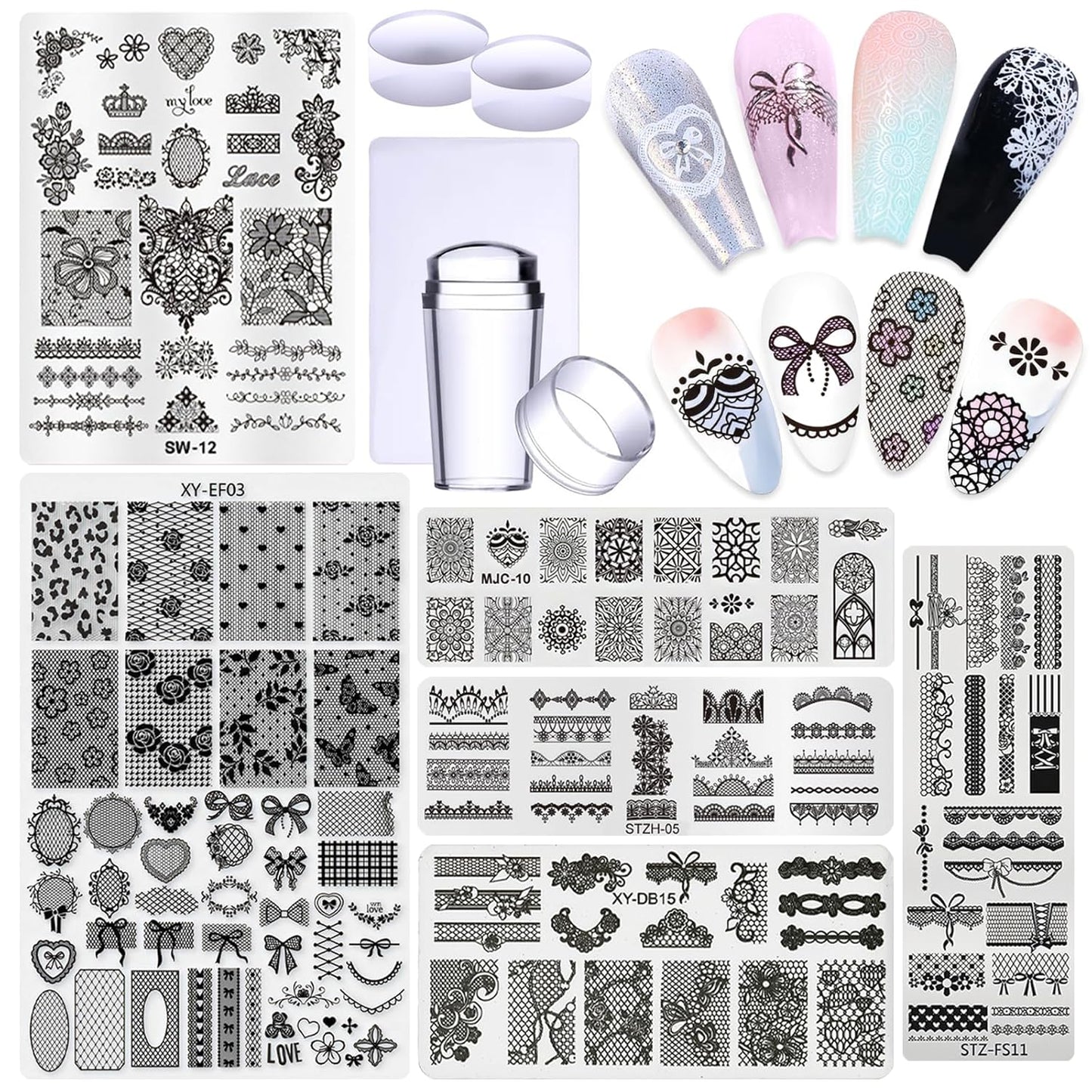 6pcs Lace Flower Design Nail Stamping Plate Kit With French Tip Nail Stamper Kit Ribbon Bow Knot Nail Stencil Reusable Stainless Steel Manicure Tool Nail Supplies for Salon DIY
