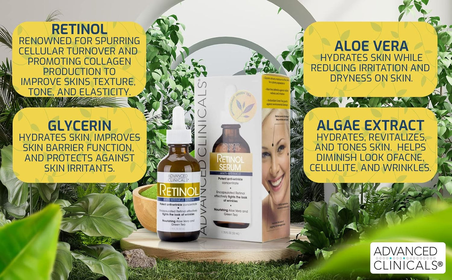 Advanced Clinicals Retinol Facial Serum Moisturizer Skin Care For Face, Anti Aging Retinol Concentrate Reduces Appearance Of Wrinkles & Fine Lines W/Aloe Vera & Green Tea, 1.75 Fl Oz (Pack of 2)