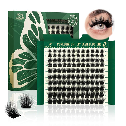KEYYOU Lash Clusters 120pcs Eyelash Clusters 10-18mix D Curl Cluster Lashes Thick Super Soft Wispy DIY Eyelash Extension at Home(PC01-D-10-18MIX)