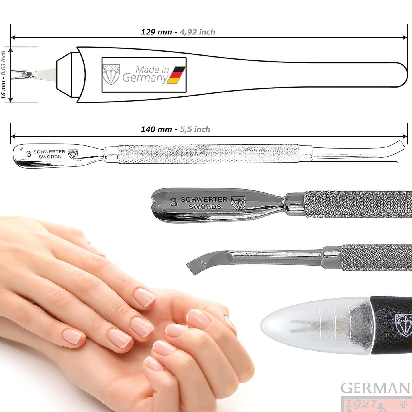 3 Swords Germany - Brand Quality Cuticle Knife Trimmer Remover Cutter (1pc.) and Cuticle Pusher Scratcher (1 pc.) Made in Germany
