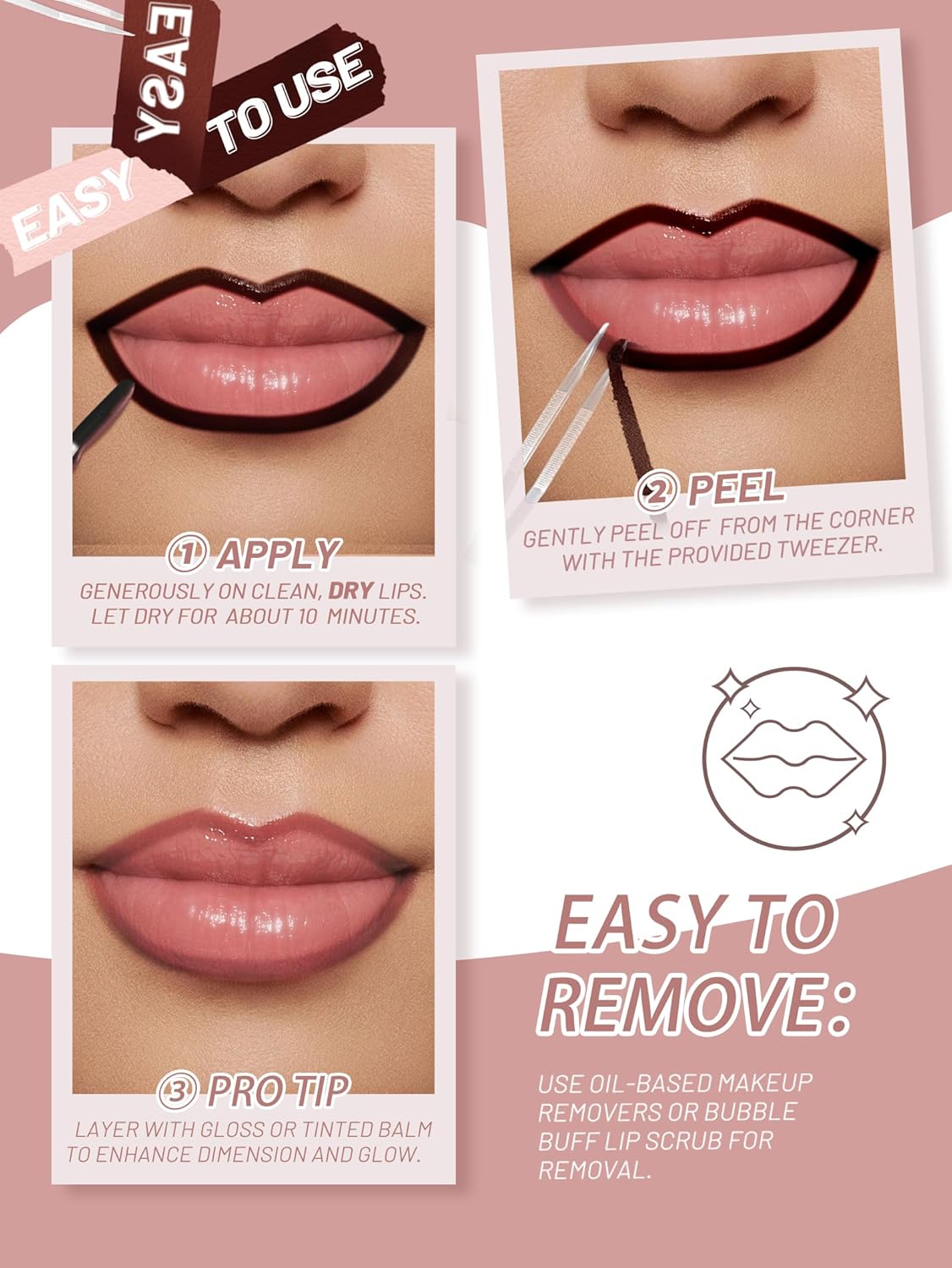 Lip Stain Peel Off Lip Liner Stain with Tweezer, Long Lasting Matte Lip Tint Tattoo, Highly Pigmented Color Lip Makeup, Waterproof Lipstick, Transfer-proof Lipstain for Women, Espresso