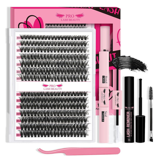 Lash Clusters Kit 280pcs Lash Clusters D Curl Eyelash Extension Kit Individual Lashes with Lash Bond and Seal Lash Applicator Easy to Apply at Home(60D+80D-9-16mix Kit)