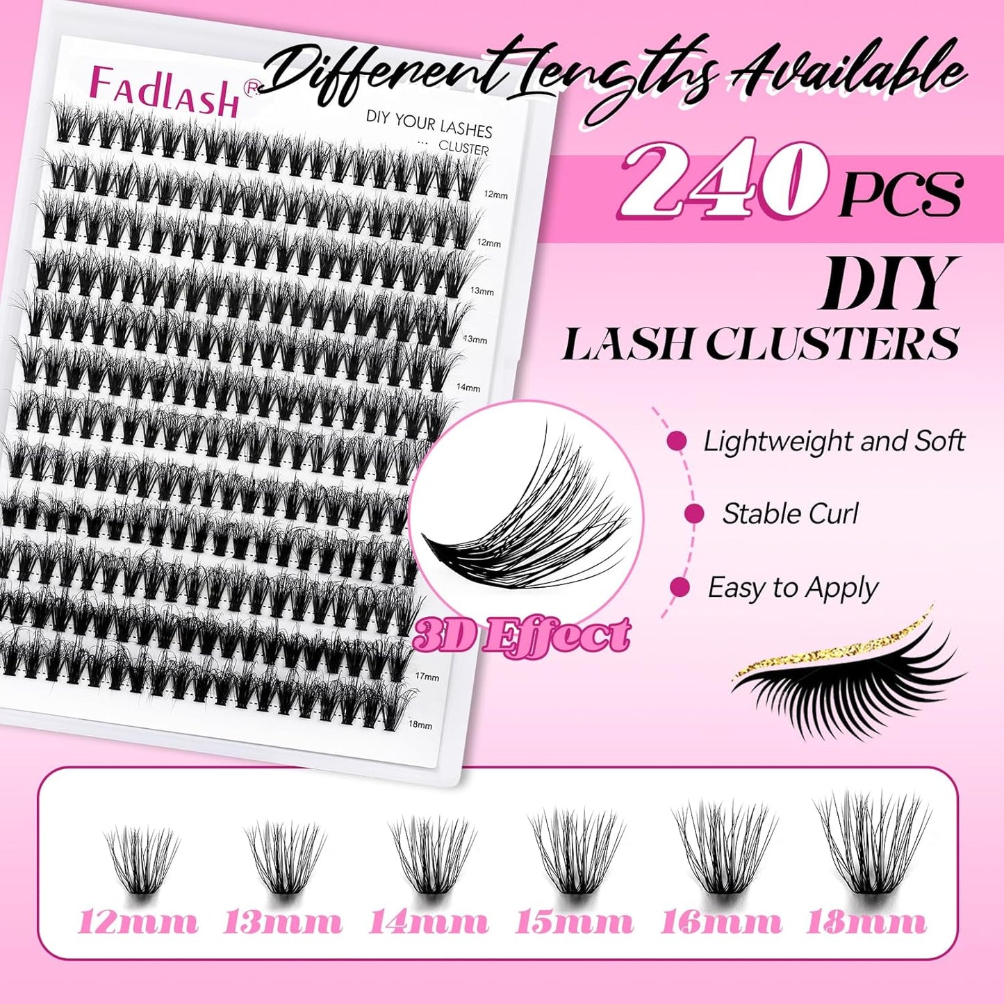 DIY Lash Extension Kit Lash Clusters Kit 240 Pcs Lash Bond and Seal Cluster Lashes D Curl with Lash Tweezers for Eyelash Extension Kit at Home Individual Lashes Kit (Kit 40D-0.07D, 12-18mm)