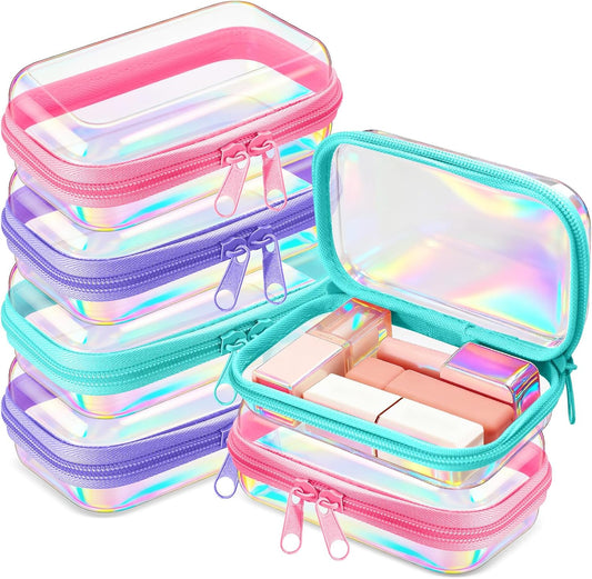 Sanwuta 6 Pcs Clear Hard Zipper Case Pencil Pouches Hard Plastic Zipper Pouches Makeup Bag Transparent Cases for Snacks Plastic Storage Organizer Box for Travel(Holographic,5 x 3 x 2 Inch)