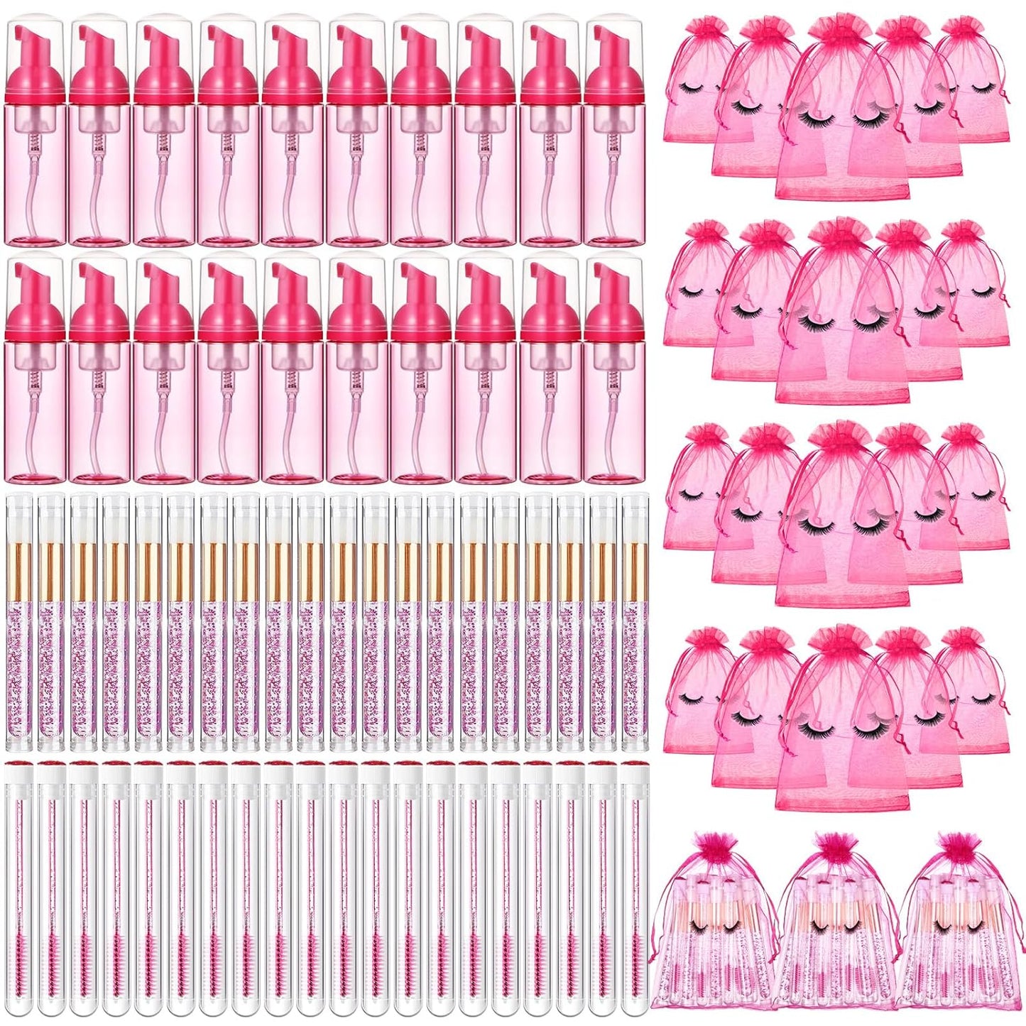Zhehao 80 Pcs Lash Shampoo Bottle Brushes Kit 20 Foam Pump Dispensers 20 Lash Shampoo Brushes 20 Eyelash Aftercare Bag 20 Cleaning Pipes, Eyelash Extension Supplies(Rose Red)