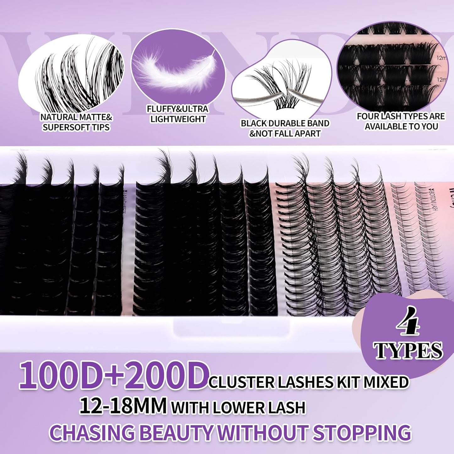 DIY Lash Extension Kit 100D/200D Lash Clusters With Bottom Lashes 12-18mm Multi-types Individual Lashes Bond and Seal, Spike, Volume Lashes Kit Lash Applicator(100/200 Kit)