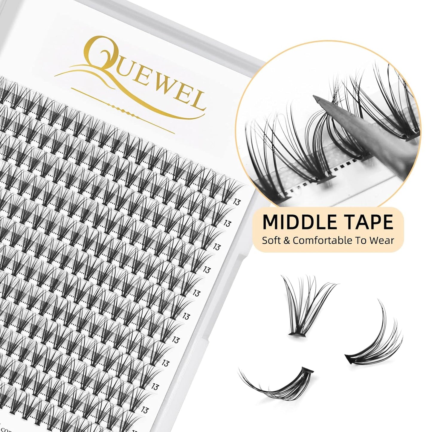 QUEWEL Cluster Lashes 240Pcs Individual Lashes 20D 0.07C Curl 13mm Knot-Free Lash Extensions Clusters Lashes Soft&Natural False Eyelashes Individual DIY Eyelash Extension at Home(20D 0.07C 13)