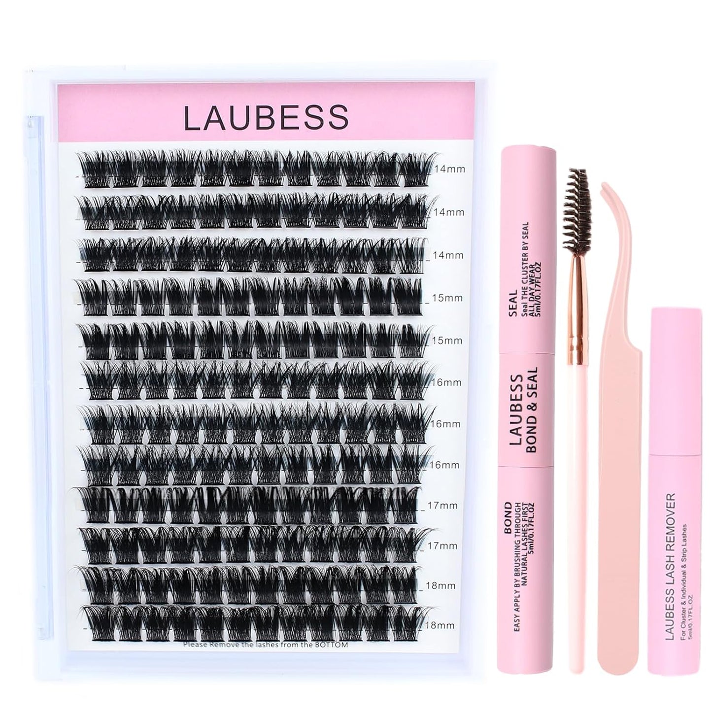 Lash Extension Kit LAUBESS Lash Clusters Kit Cluster Eyelash Extensions Kit Eyelash Clusters Lash Bond and Seal Waterproof Tweezers Brush Lash Glue Remover (Kit 03-D-Mix14-18)