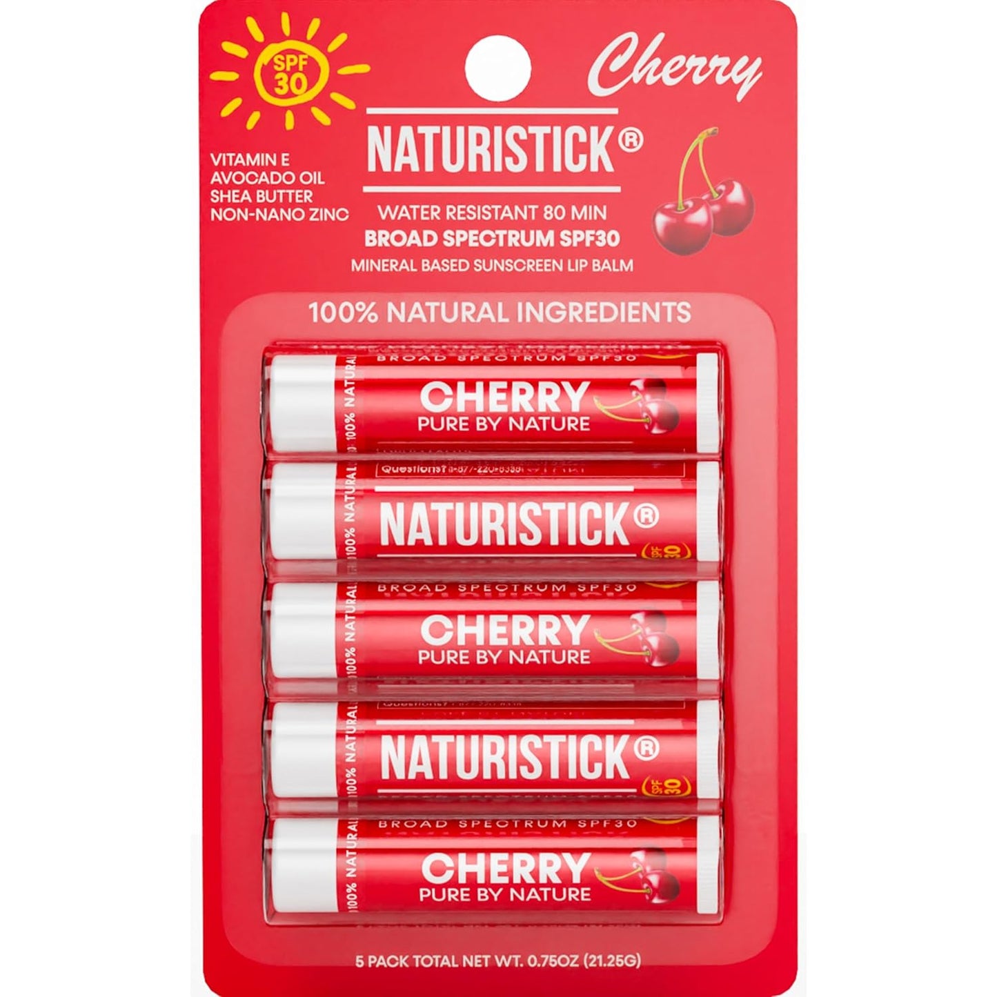 Naturistick SPF 30 Vegan Lip Balm – Mineral Sunscreen with Zinc Oxide | Broad Spectrum UVA/UVB Protection | 100% Natural, Coral-Friendly Formula | Oxybenzone Free | 5-Pack Cherry | Made in USA