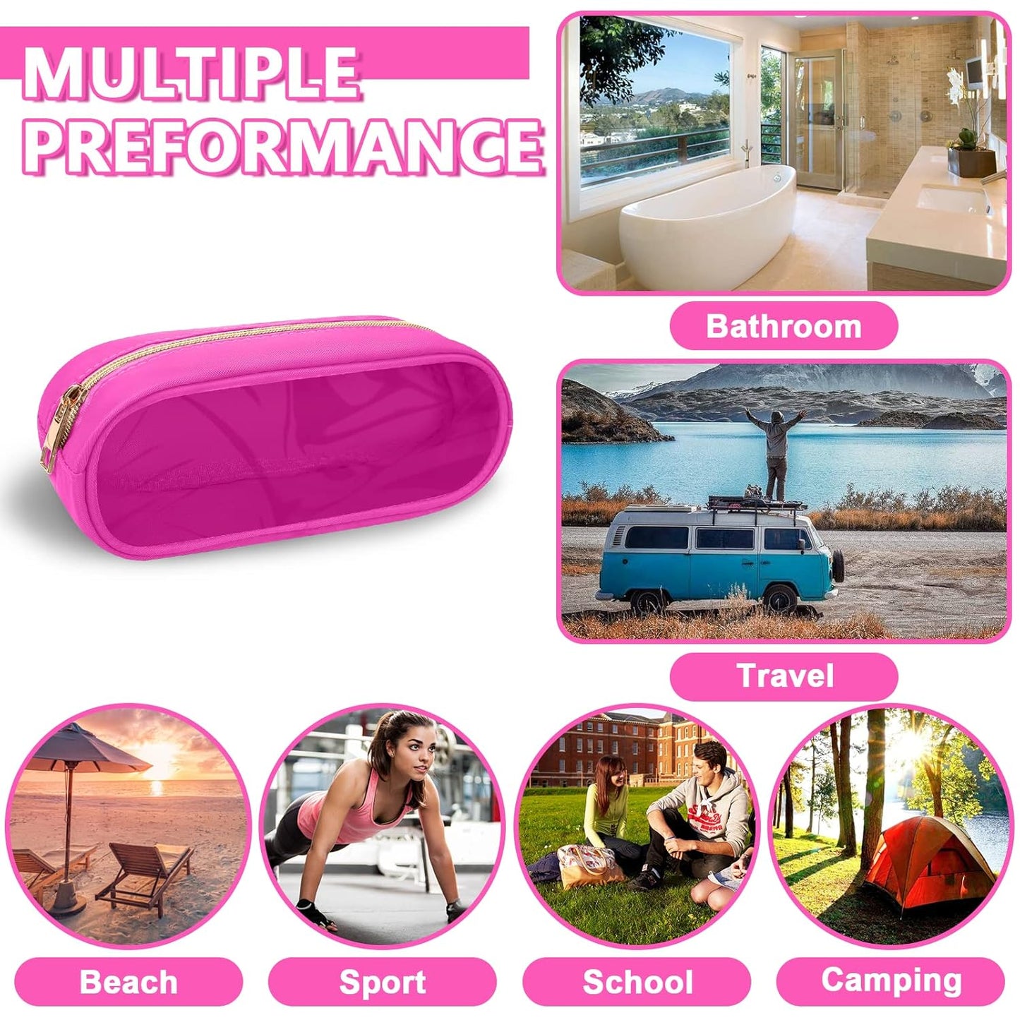 Clear Small Pencil Pouch Makeup Bag for Purse,Nylon&PVC Pencil Case Waterproof Makeup Brush Holder with Zipper,Preppy Transparent Pen Bag Travel Cosmetic Bag for Women Office(Slim-Hot Pink)