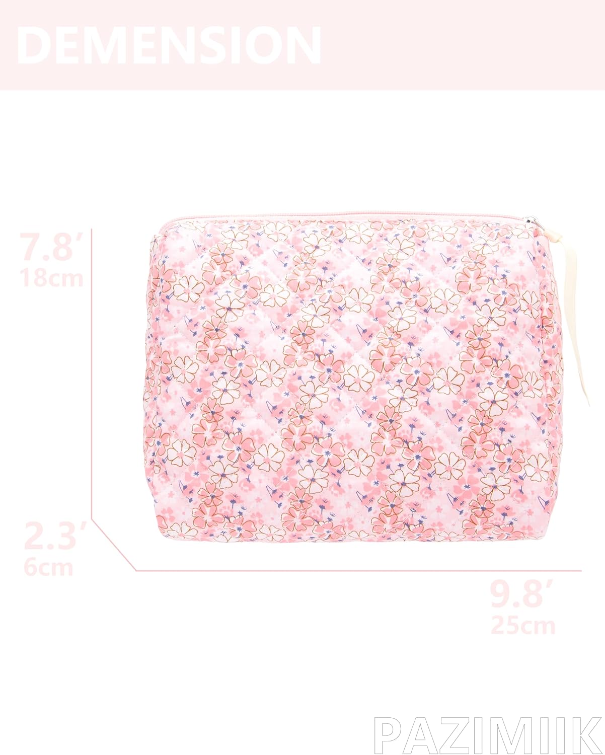 PAZIMIIK Quilted Makeup Bag Large Travel Zipper Soft Cosmetic Pouch for Women Girls Make Up,Pink Flower
