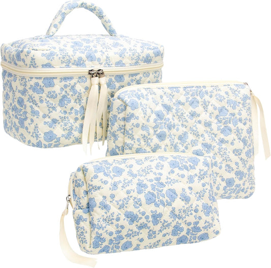 PAZIMIIK 3PCS Makeup Bag SET Large Travel Quilted Zipper Soft Cosmetic Case Pouch for Women Girls Make Up,Little Flower Blue