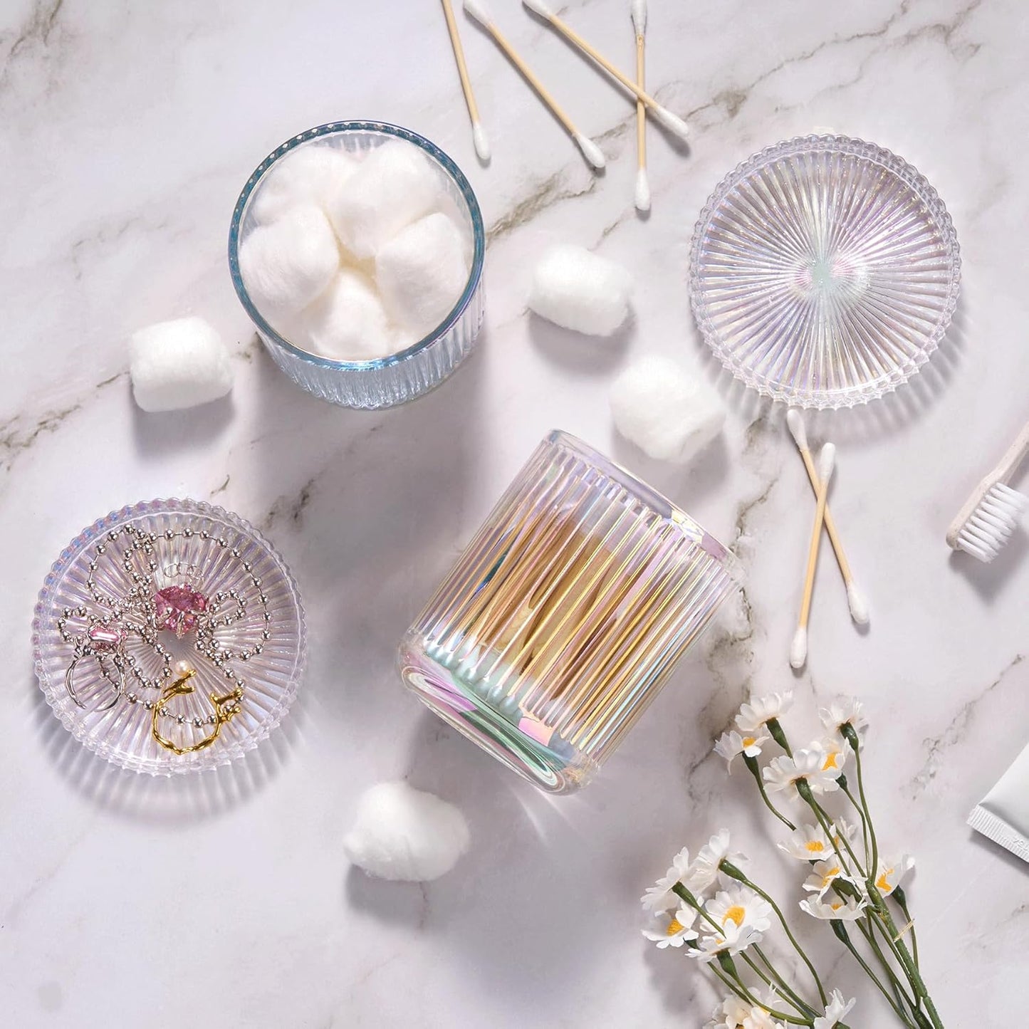 2 Pack Qtip Holder - Apothecary Jars with Lids, Bathroom Organizers and Storage Canister for Cotton Balls,Swabs,Floss Picks,Hair Ties,Clear Glass Vintage Bathroom Decor Jar Set (Iridescent)