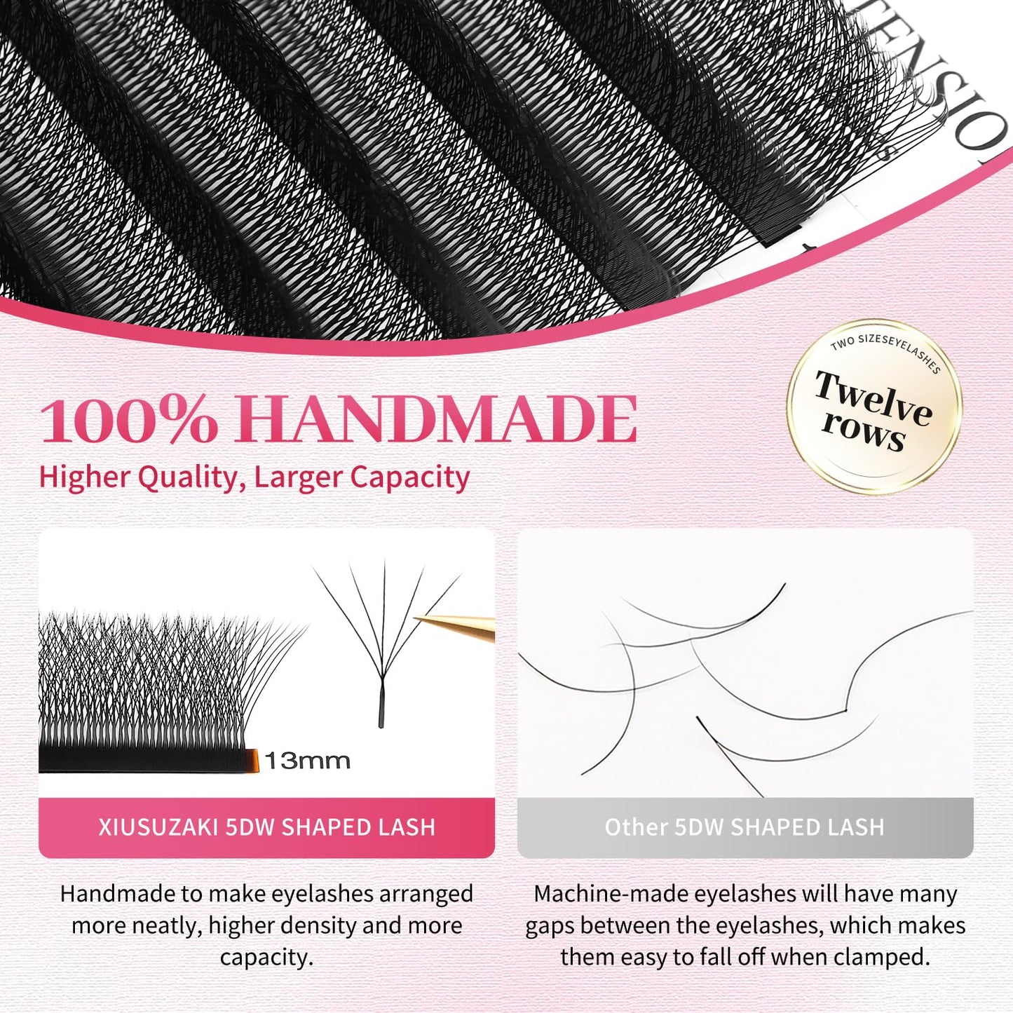 W Lash Extensions Supplies 5D Eyelash Extensions W Shape 0.07mm Thickness D Curl 12mm Premade Fans Easy Fan Lashes Volume Matte Black 12 Rows Crisscross Eye Lashes(W-5D-0.07-D,12mm)