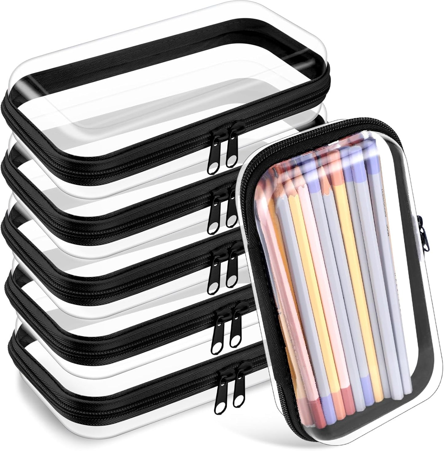 Sanwuta 6 Pcs Clear Hard Zipper Case Pencil Pouches Hard Plastic Zipper Pouches Makeup Bag Transparent Cases for Snacks Plastic Storage Organizer Box for Travel(Black,7.48 x 3.94 x 2 Inch)