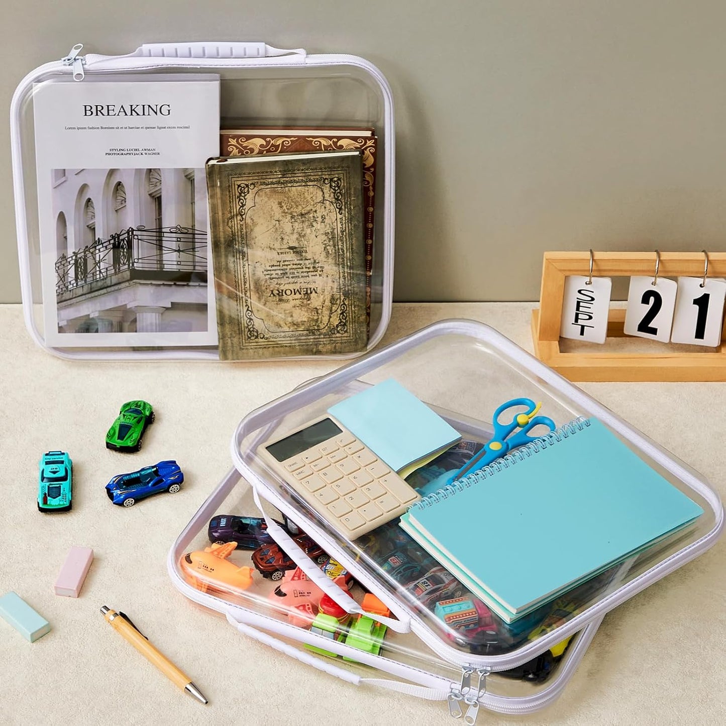 Hoolerry 3 Pcs Clear Hard Zipper Case Plastic Pouch Transparent Hard Case Clear Makeup Bag Portable Travel Organizer Bin for Cosmetics, Building Blocks, Puzzles(White,L)