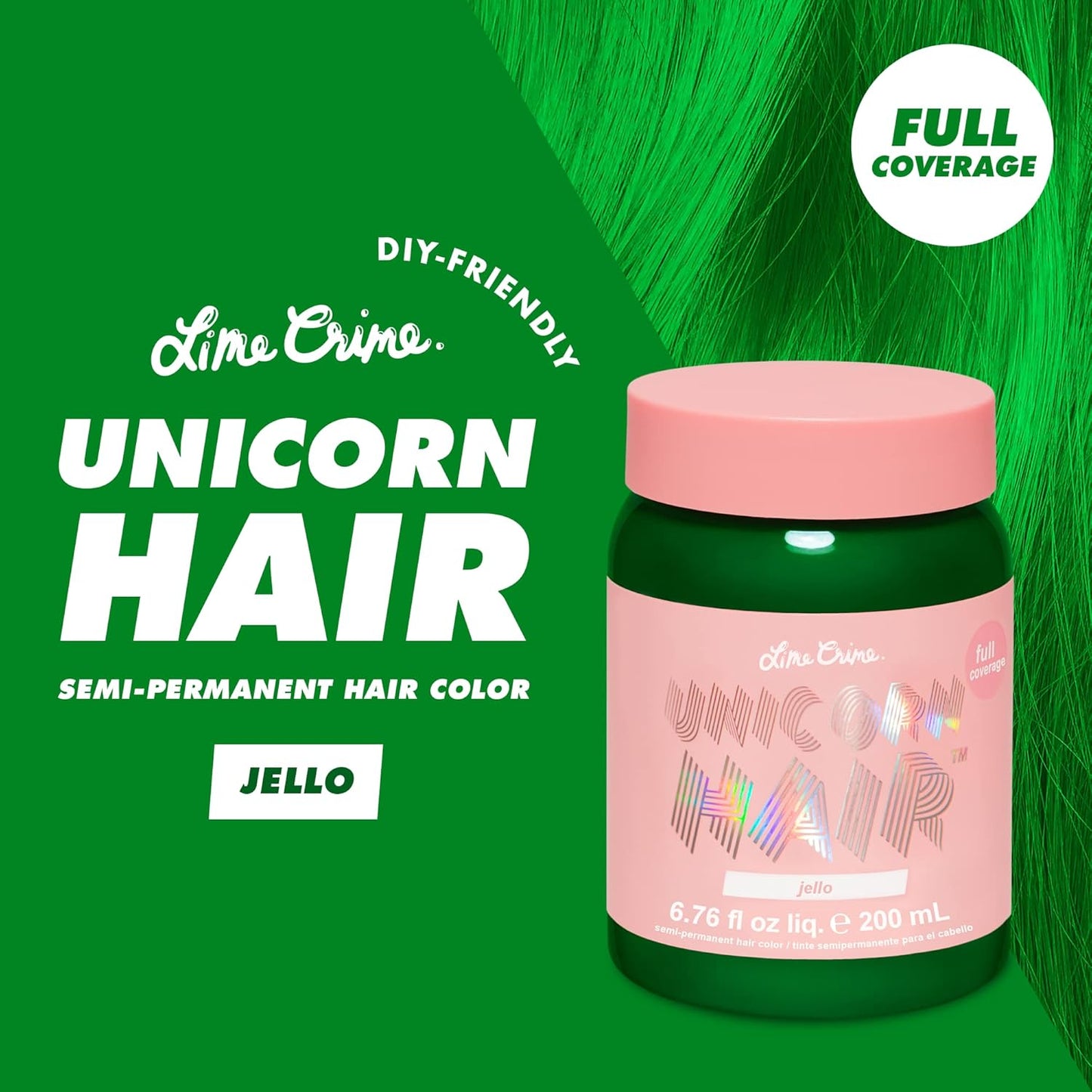 Lime Crime Unicorn Hair Dye Full Coverage, Jello (Tropical Green) - Vegan and Cruelty Free Semi-Permanent Hair Color Conditions & Moisturizes - Temporary Green Hair Dye With Sugary Citrus Vanilla