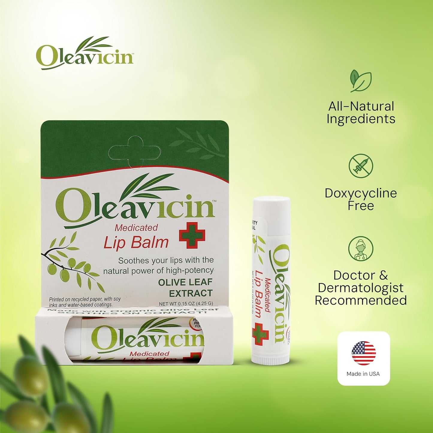 Natural Lip Balm by Oleavicin | Dry Lip Relief | Patented Moisturizing Formula for Chapped Lips | Organic Olive Leaf Extract