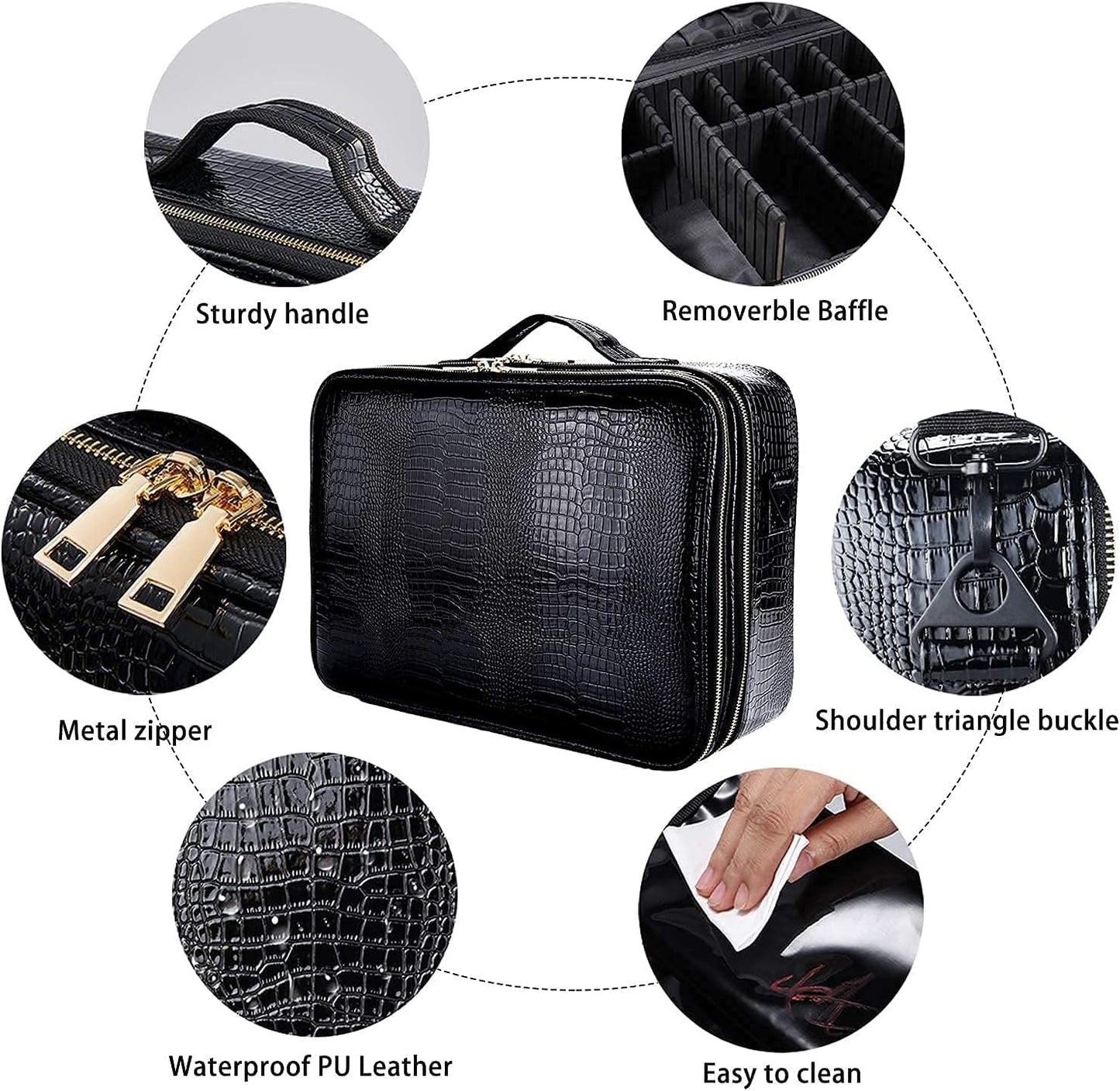 JOURMON Travel Makeup Case Portable Makeup Train Case Organizer Cosmetic Bag with Adjustable Dividers and Shoulder Strap for Makeup Brushes Toiletry Travel Accessories(Crocodile Pattern Black, L)