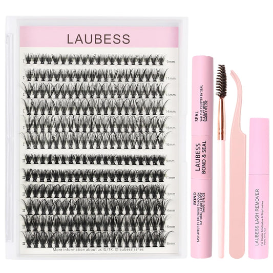 Lash Extension Kit LAUBESS Lash Clusters Kit Cluster Eyelash Extensions Kit Eyelash Clusters Lash Bond and Seal Waterproof Tweezers Brush Lash Glue Remover (Kit 30D/40D-C-Mix9-16)