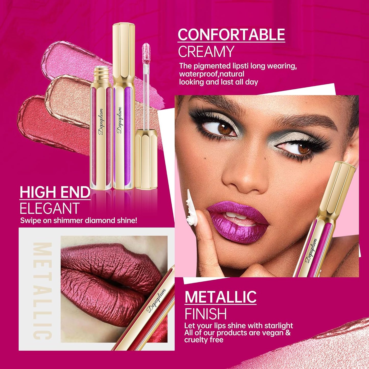 Hot Pink Lipsticks for Women Metallic Lipstick Long Lasting Non Stick Cup Lip Gloss, Shimmer Lightweight Hydrating Full Coverage Lip Color,DP112 Show Girl
