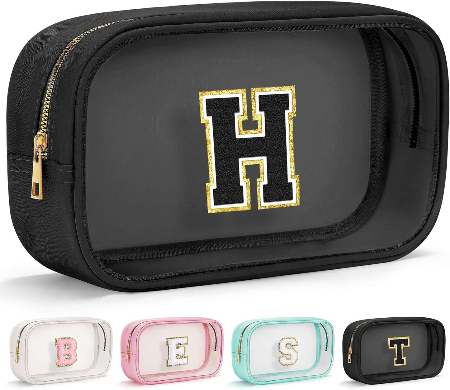 YOOLIFE Travel Toiletry Bag for Women, Black Clear Makeup Organizer, Cute Cosmetic Bags for Skincare, Birthday Gifts for Teacher Mother Girlfriend Initial H