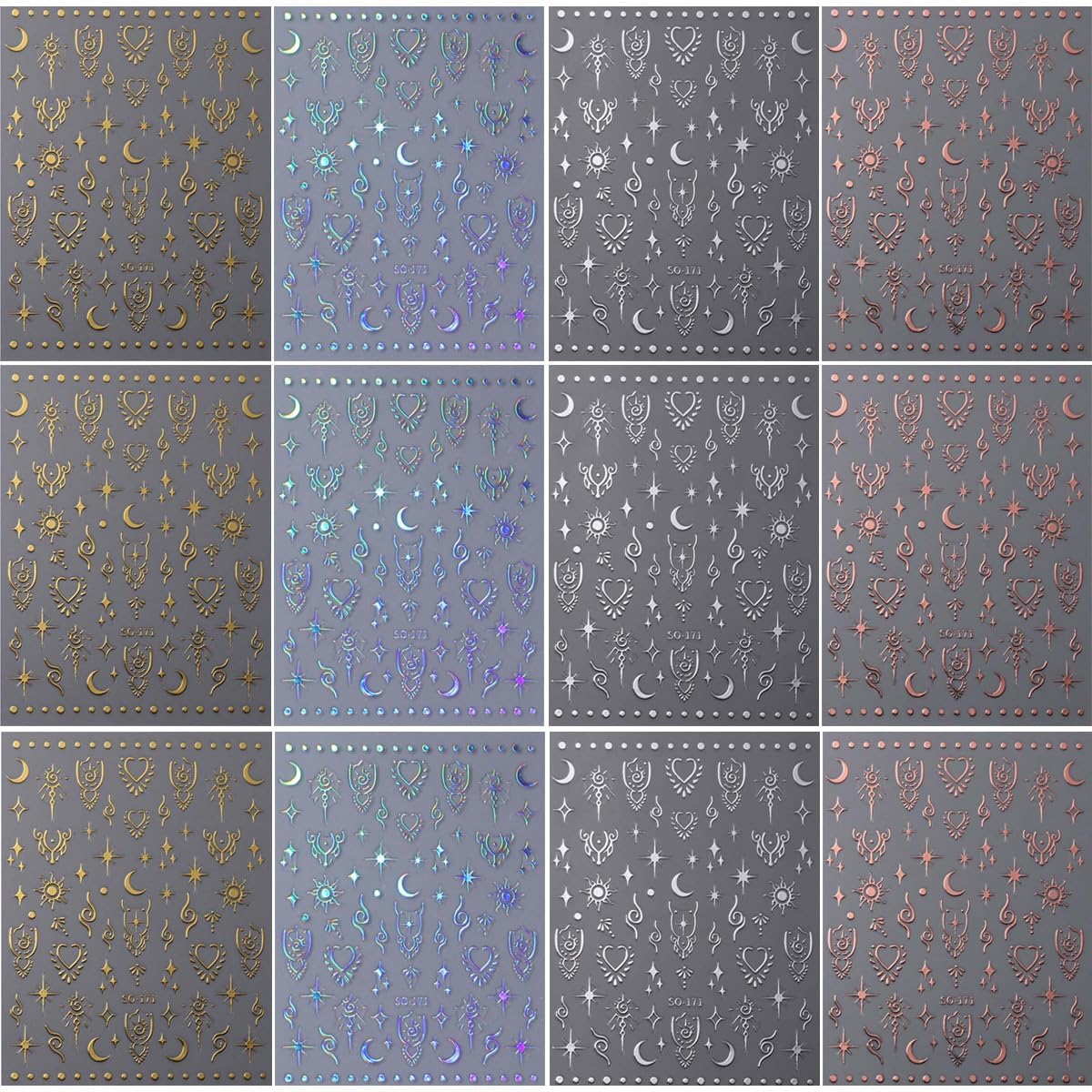 12 Sheets Metallic Nail Art Stickers - Sun Star, Moon Rose & More - 3D Self-Adhesive, Shiny Laser Gold & Silver - Holographic, Glitter for Women's Nail Manicure Decorations