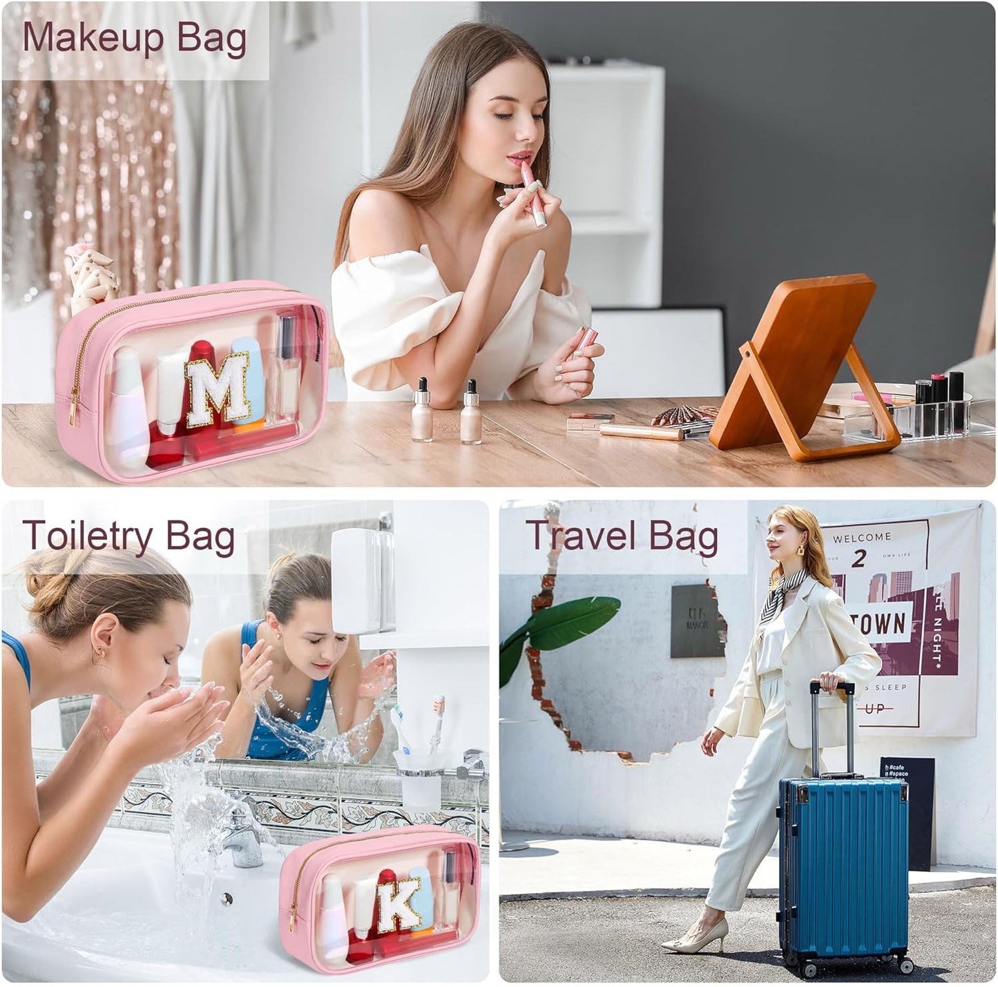 YOOLIFE Graduation Teacher Gifts Travel Toiletry Bag, Clear Makeup Bag Preppy Cosmetic Bags Organizer Travel Essentials Pink Gifts for Girls Teen Girlfriend Kids Birthday Gift Preppy Stuff M