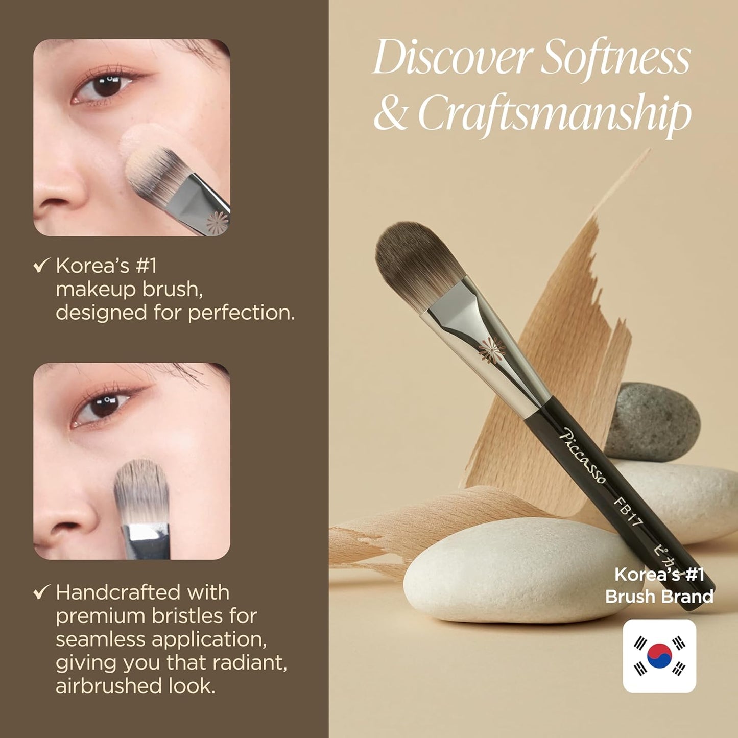 Piccasso FB17 Foundation Brush – Soft Makeup Brush for Liquid & Cream Foundation, Curved Bristles for Smooth and Flawless Face Makeup, Professional Tool for Base Layering, Korean Beauty Essential