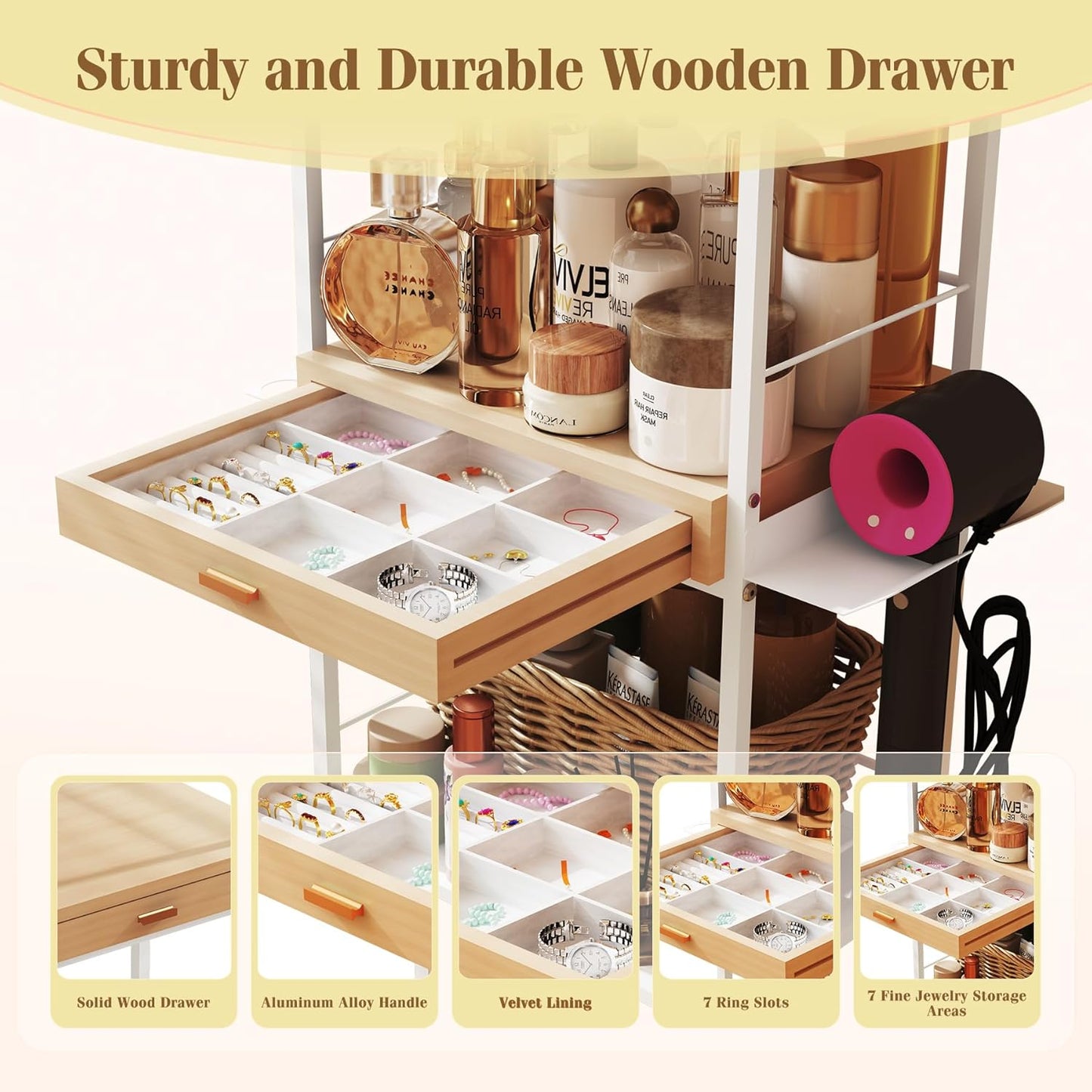 Makeup Organizer Storage Cart, Floor Skincare Organizers, Makeup Stand with Drawers, Vanity Organizer Cosmetics Display Cases Holder for Skin Care Nail Polish Perfume Makeup Brush Hair Tool