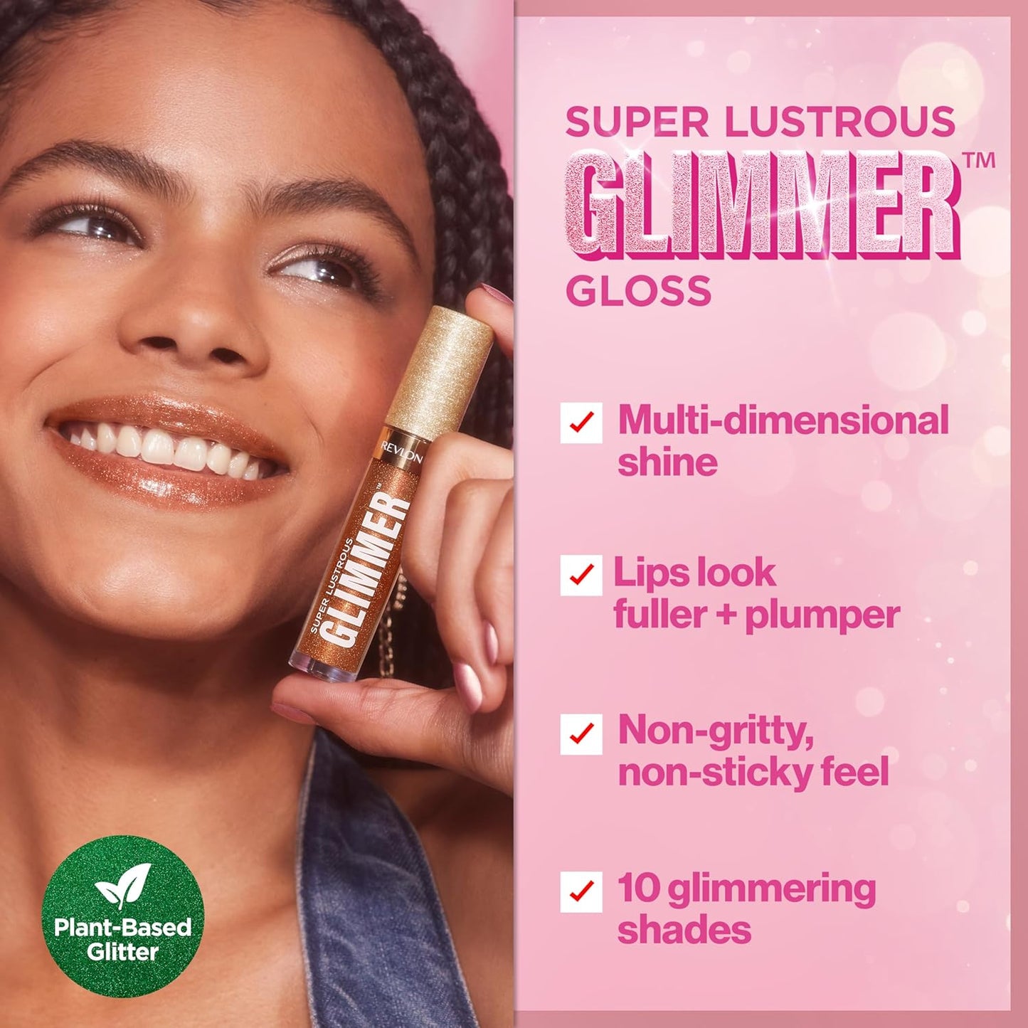 REVLON Super Lustrous Glimmer Gloss, Non-Sticky Lip Gloss, High-Shine Finish, Plant-Based Glitter, 009 Razz Beamy, 0.13 fl oz