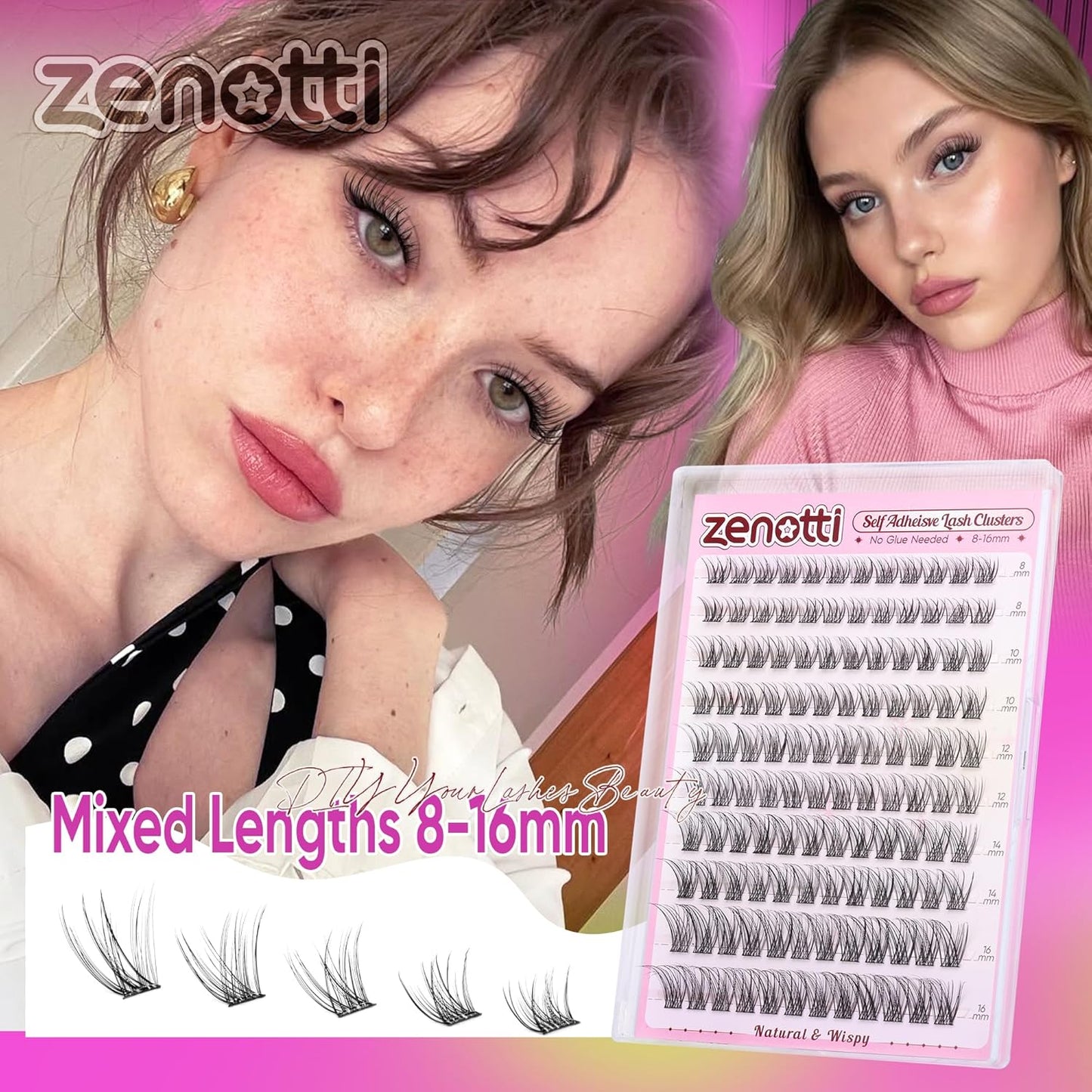 Self Adhesive Lash Clusters Natural No Glue Eyelashes Clusters Wispy Cluster Eyelash Extensions Pre Glued Lash Extensions 120pcs Press on Individual Lashes 8mm-16mm by zenotti