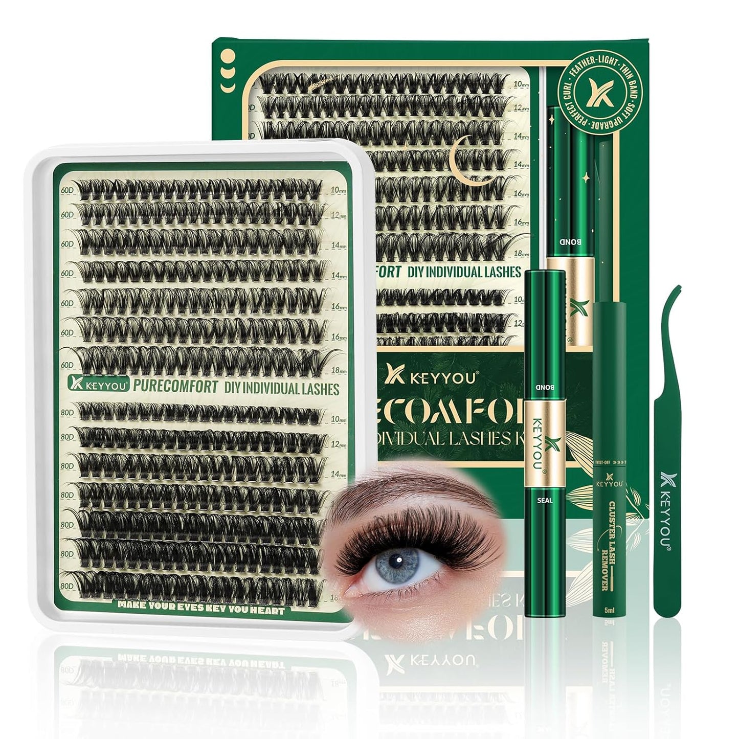 KEYYOU DIY Lash Extension Kit 280pcs Soft Lash Clusters 60D+80D D Curl Easy to Apply with Lash Bond and Seal Lash Applicator Lash Remover Eyelash Extension Kit at Home(RMkit-60D80D-D-10-18mix)