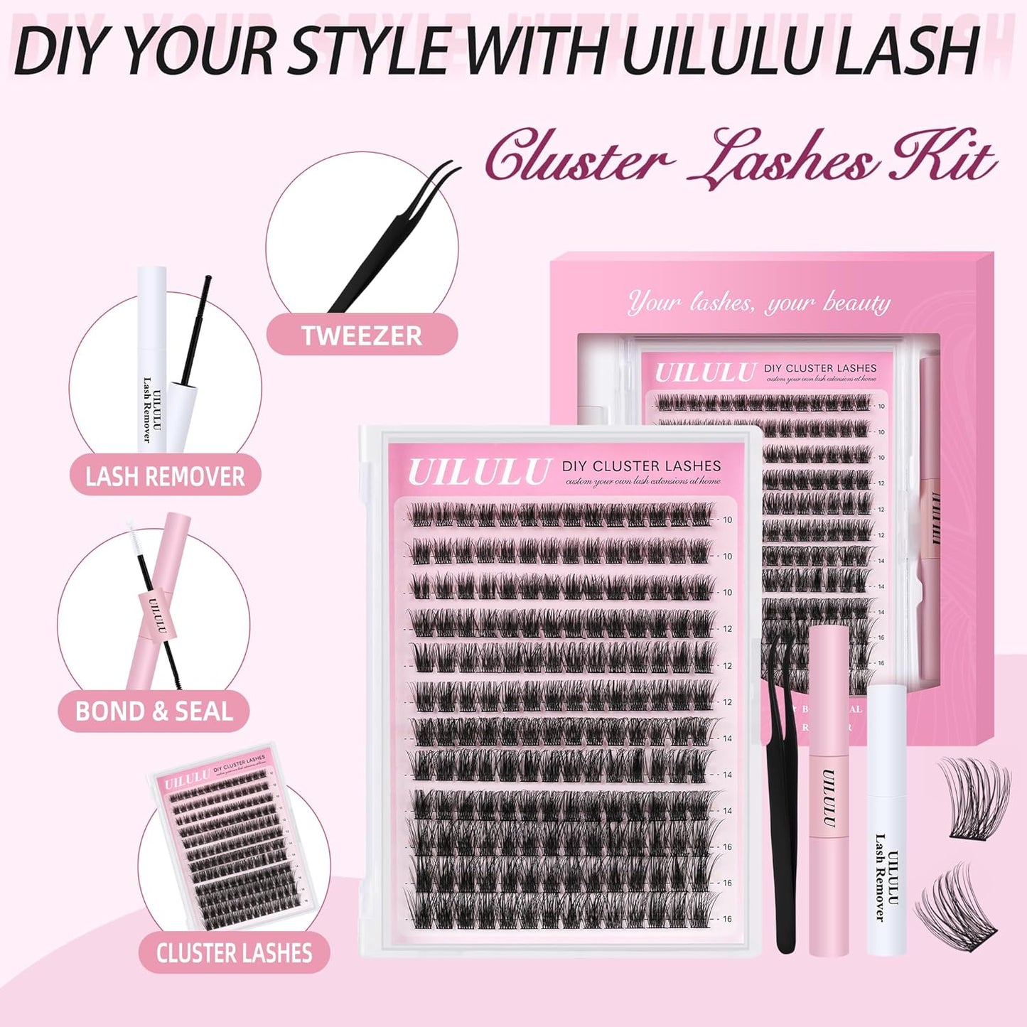Lash Clusters kit 10-16mm DIY Lash Extension Kit 144 D Curl Fluffy Clusters Lashes 0.07D Individual Lashes Clusters False Eyelashes Set Eye Lash Kits Extensions Kit