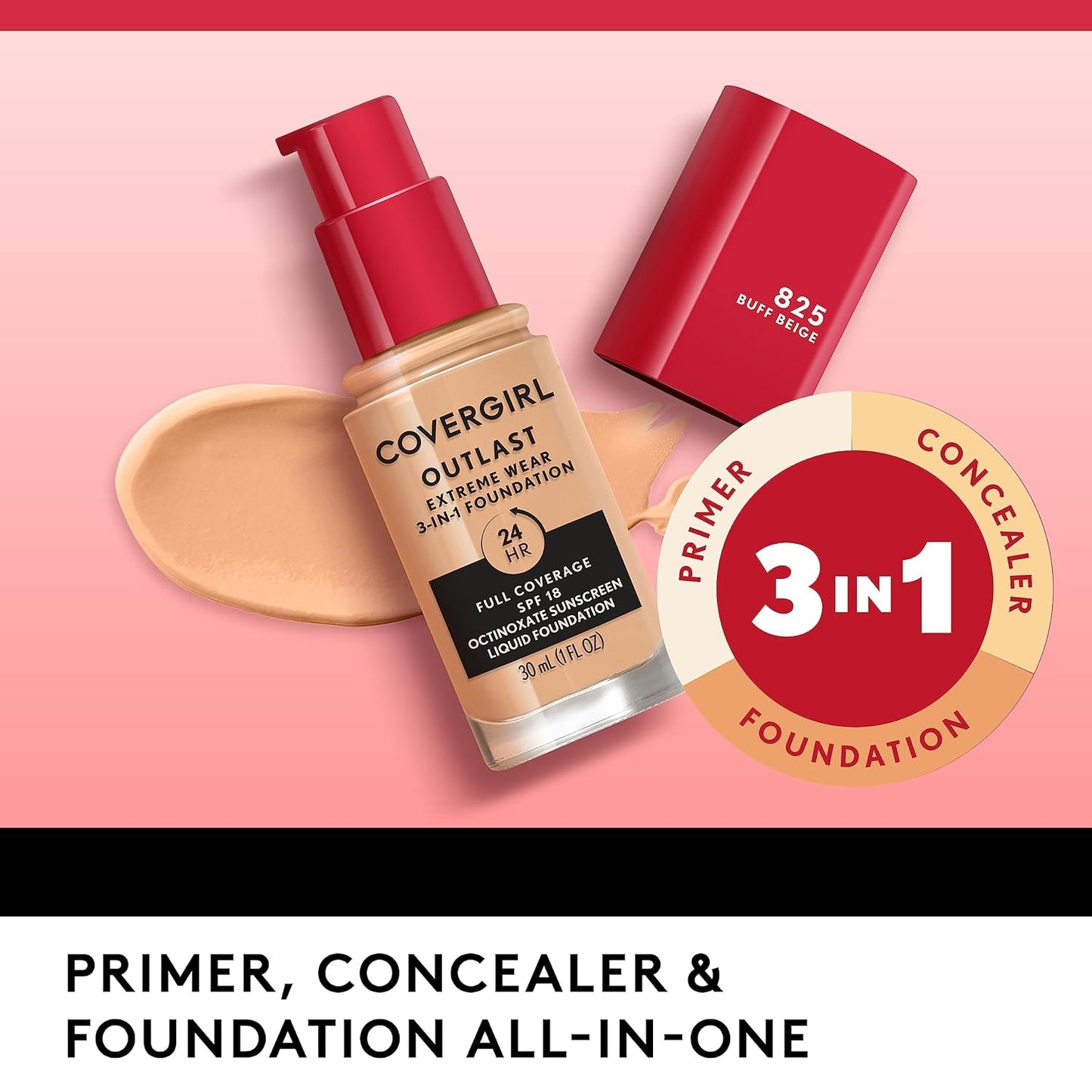 Covergirl Outlast Extreme Wear 3-in-1 Full Coverage Liquid Foundation, SPF 18 Sunscreen, Tawny, 1 Fl. Oz.